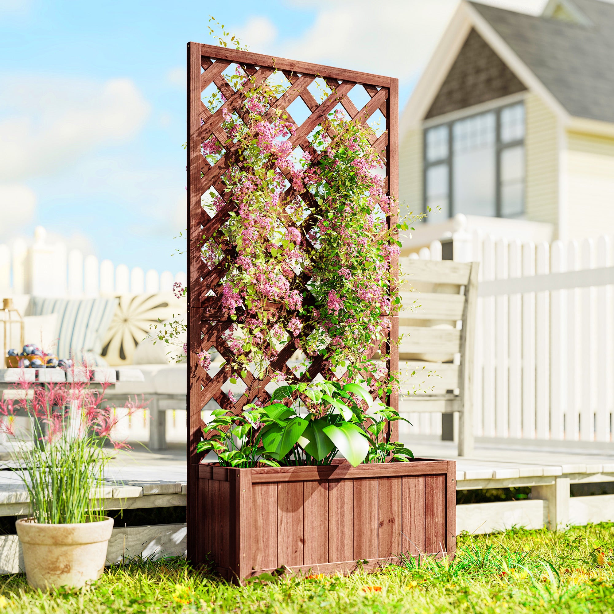 Outsunny 72.5 x 31.5 x 149.5 cm 45L Garden Wooden Pine Trough Planter with Topped Trellis Climbing Plants Flower Raised Bed, Orange