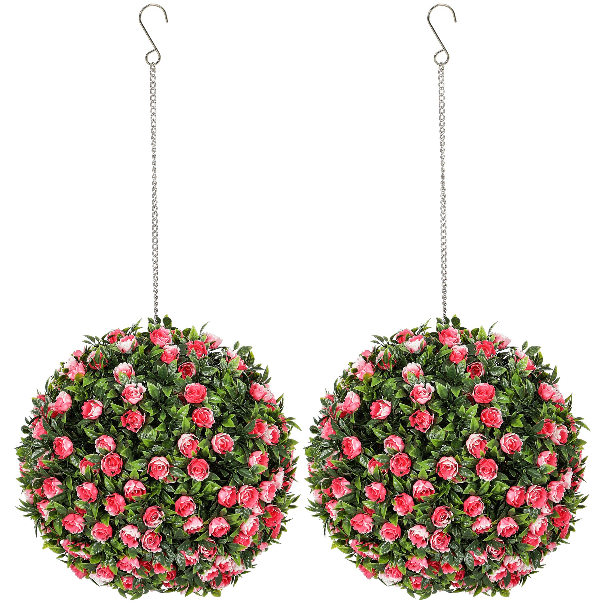 HOMCOM Set of 2 Decorative Artificial Plants, UV-protected Artificial Plant Topiary Rose Balls, Fake Plants for Home Indoor outdoor Decor, 28cm, Pink - North Peak Garden Furniture
