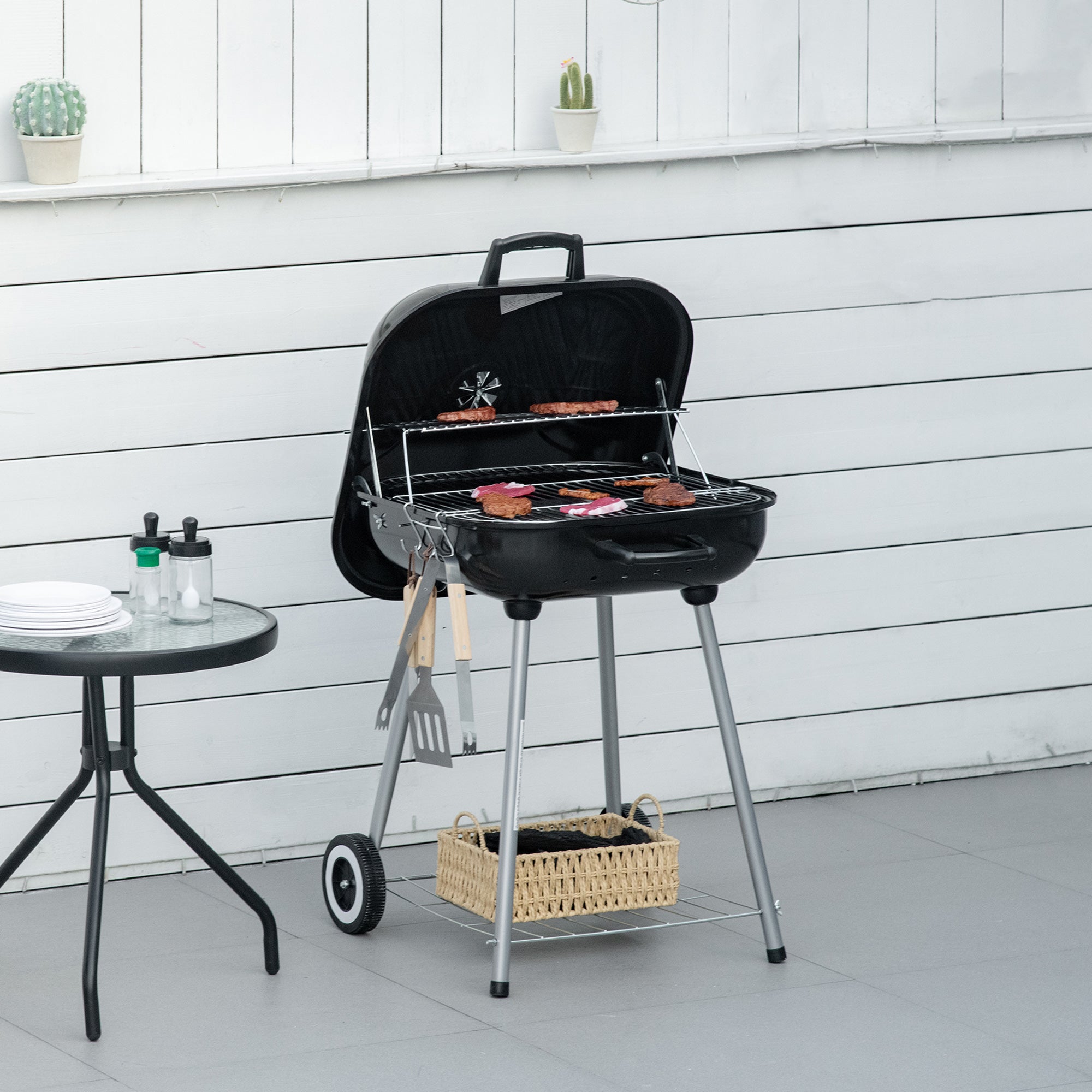 Outsunny Portable BBQ Charcoal Grill with 2 Wheels and Cooking Utensils, Smoker Grill with Lid for Outdoor Barbecues, Camping, Picnic, Courtyard - North Peak Garden Furniture