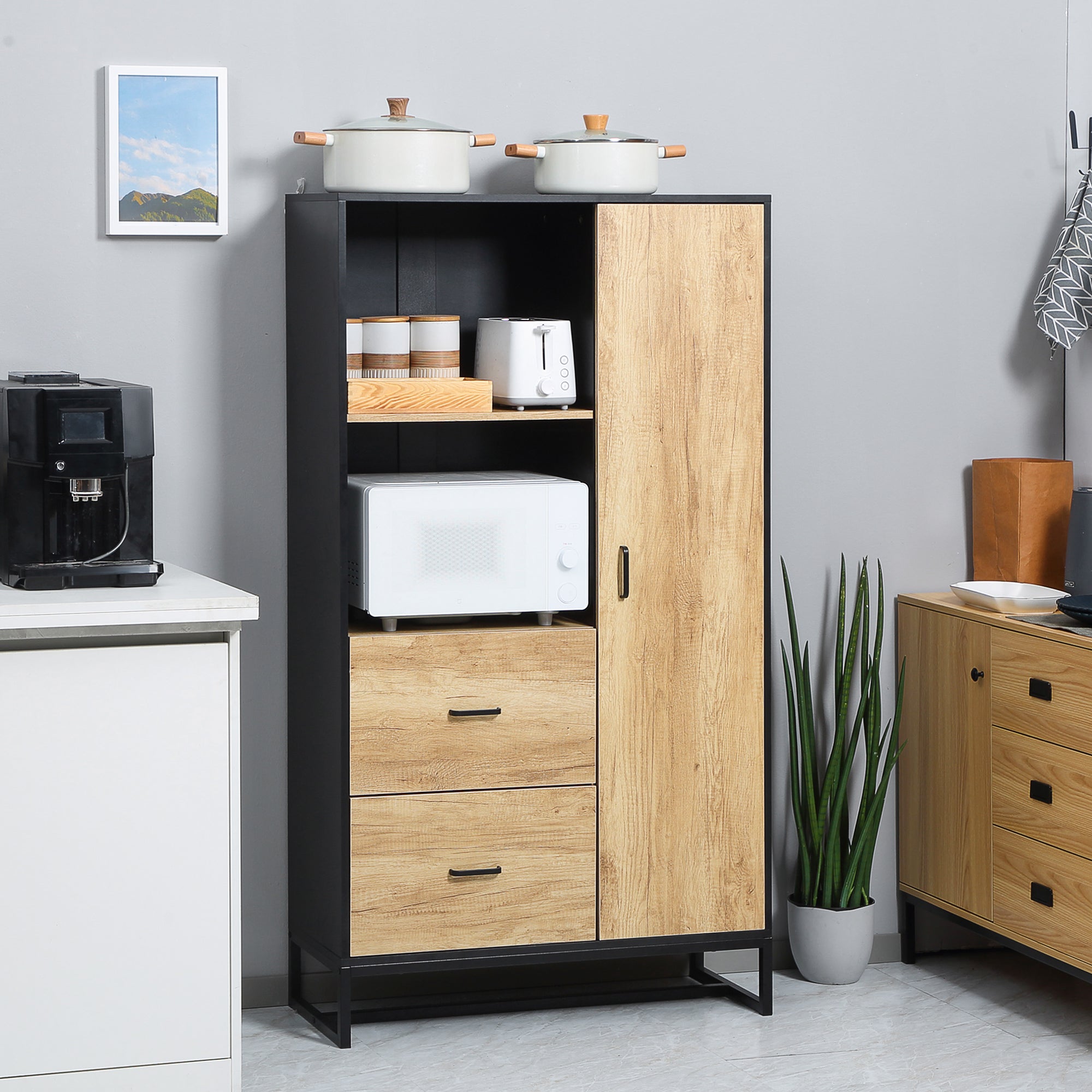 HOMCOM Kitchen Cupboard, Freestanding Storage Cabinet with Soft Close Door, Microwave Stand with Adjustable Shelves and Drawers, for Living Room, Dining Room, 160cm, Natural and Black - North Peak Garden Furniture