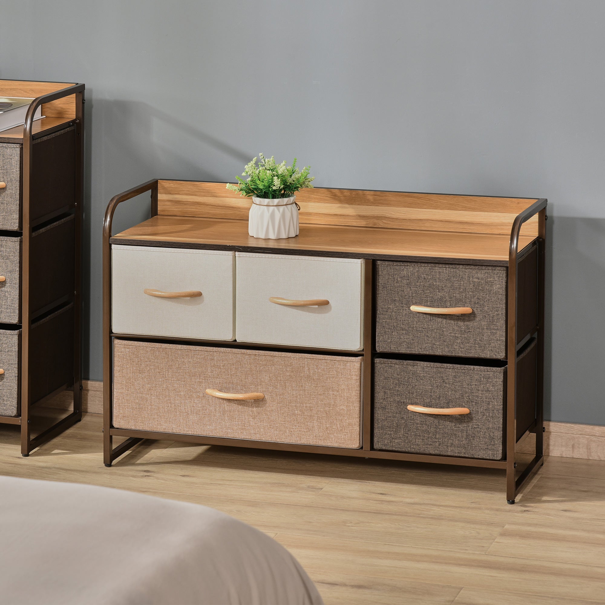 HOMCOM 5-Drawer Dresser, Linen Fabric Chest of Drawers, Dresser Tower Unit for Bedroom Hallway Entryway, Storage Organizer with Steel Frame Wooden Top - North Peak Garden Furniture