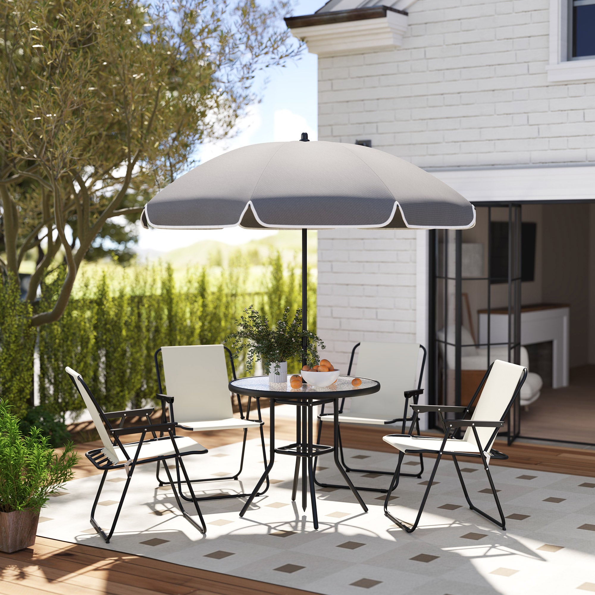 Outsunny 4 Seater Garden Furniture Set, 6 Pieces Garden Table and Chairs with Parasol, Outdoor Garden Dining Set with Folding Chairs and Round Glass Top Table for Patio, Cream White - North Peak Garden Furniture