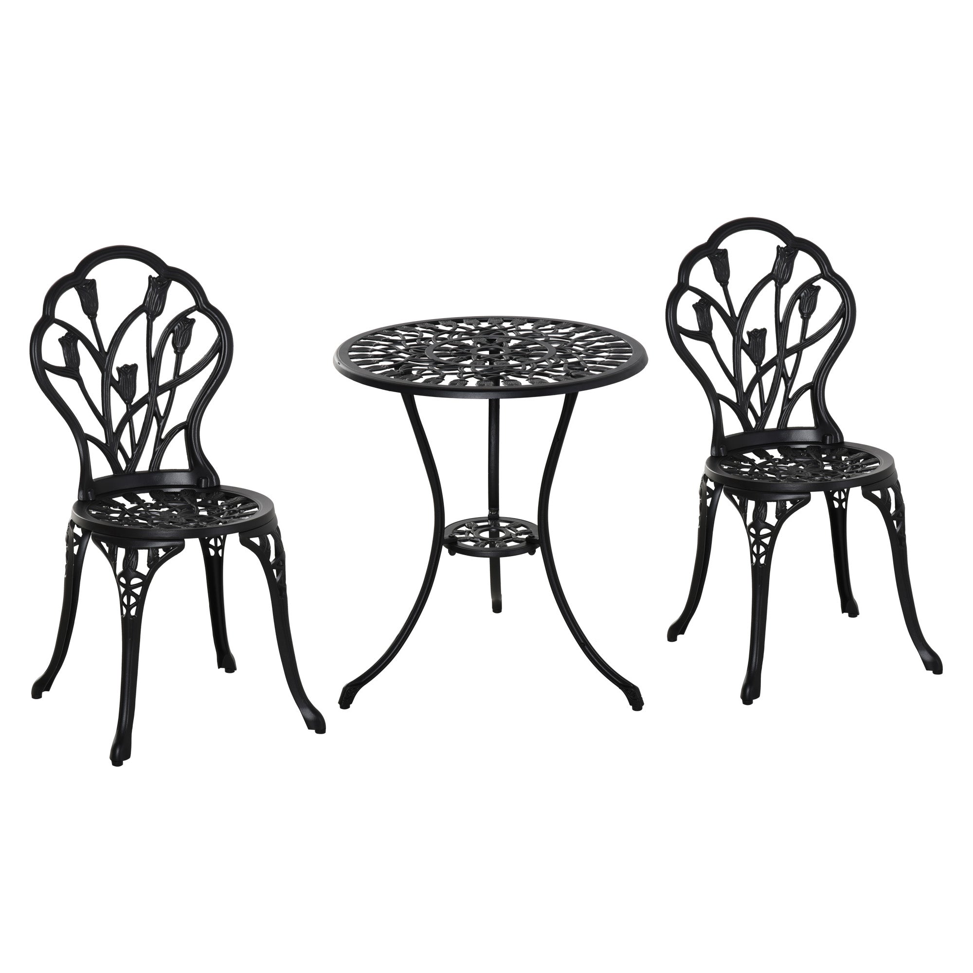 Outsunny Three-Piece Aluminium Floral Bistro Garden Set - Black - North Peak Garden Furniture