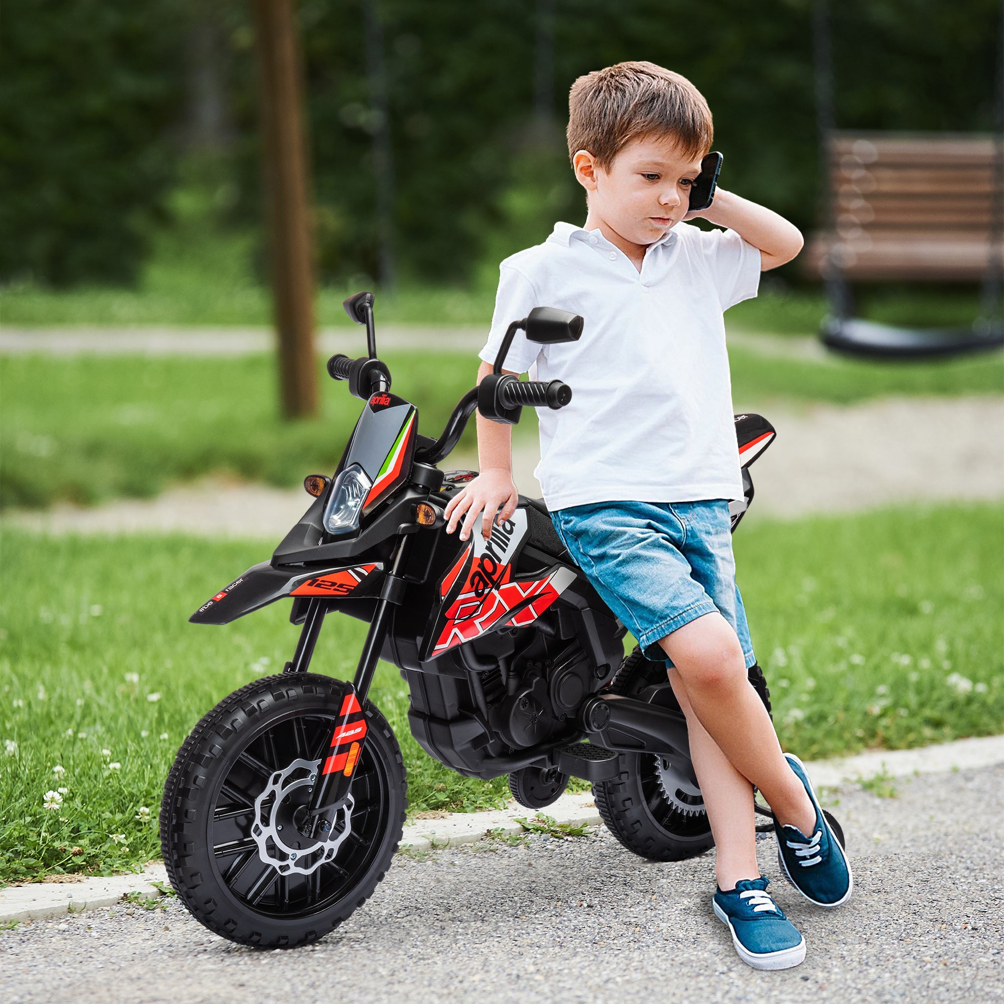 AIYAPLAY 12V Aprilia Licenced Kids Motorbike with Training Wheels, Spring Suspension, LED Light, USB, Music, Red - North Peak Garden Furniture