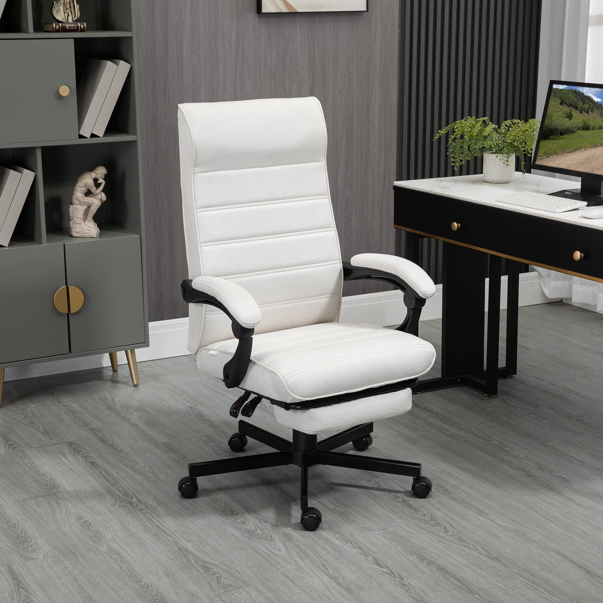 Vinsetto Office Chair, Computer Desk Chair, Fabric Swivel Chair with Adjustable Height and Rolling Wheels for Home Office Work Study, Cream White - North Peak Garden Furniture