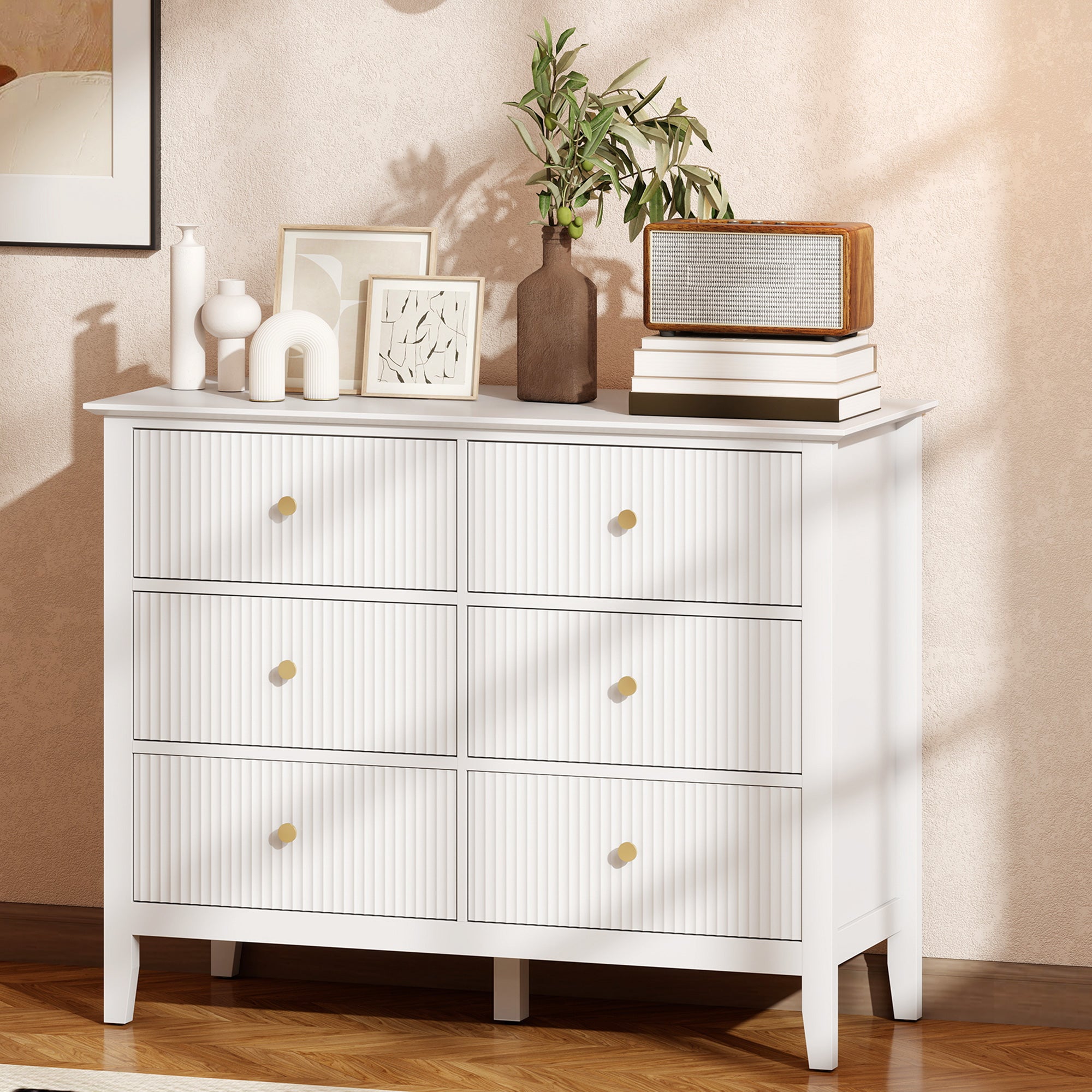 HOMCOM Fluted Dresser, 6 Drawer Chest of Drawers for Bedroom, Living Room, Hallway, Closet, White