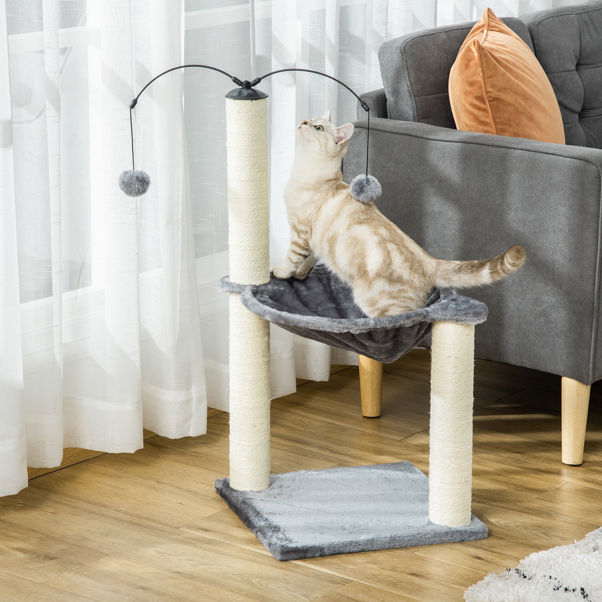 PawHut 83cm Cat Tree Tower for Indoor Cats w/ Sisal Scratching Post Hammock Hanging Toy Activity Centre - Grey - North Peak Garden Furniture