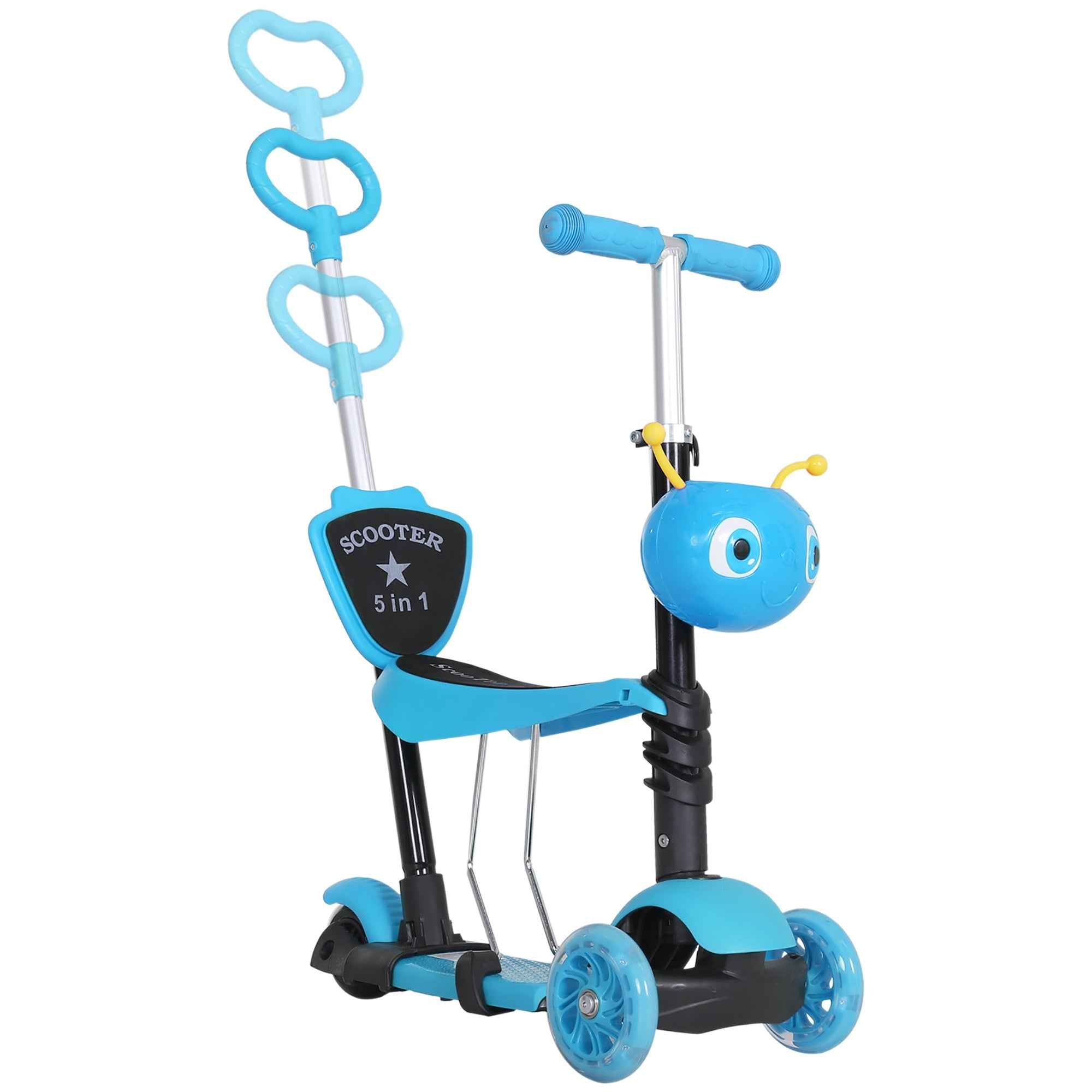 HOMCOM 5-in-1 Kids Toddler 3 Wheels Mini Kick Scooter Push Walker with Removable Seat & Back Rest for Girls and Boys Blue