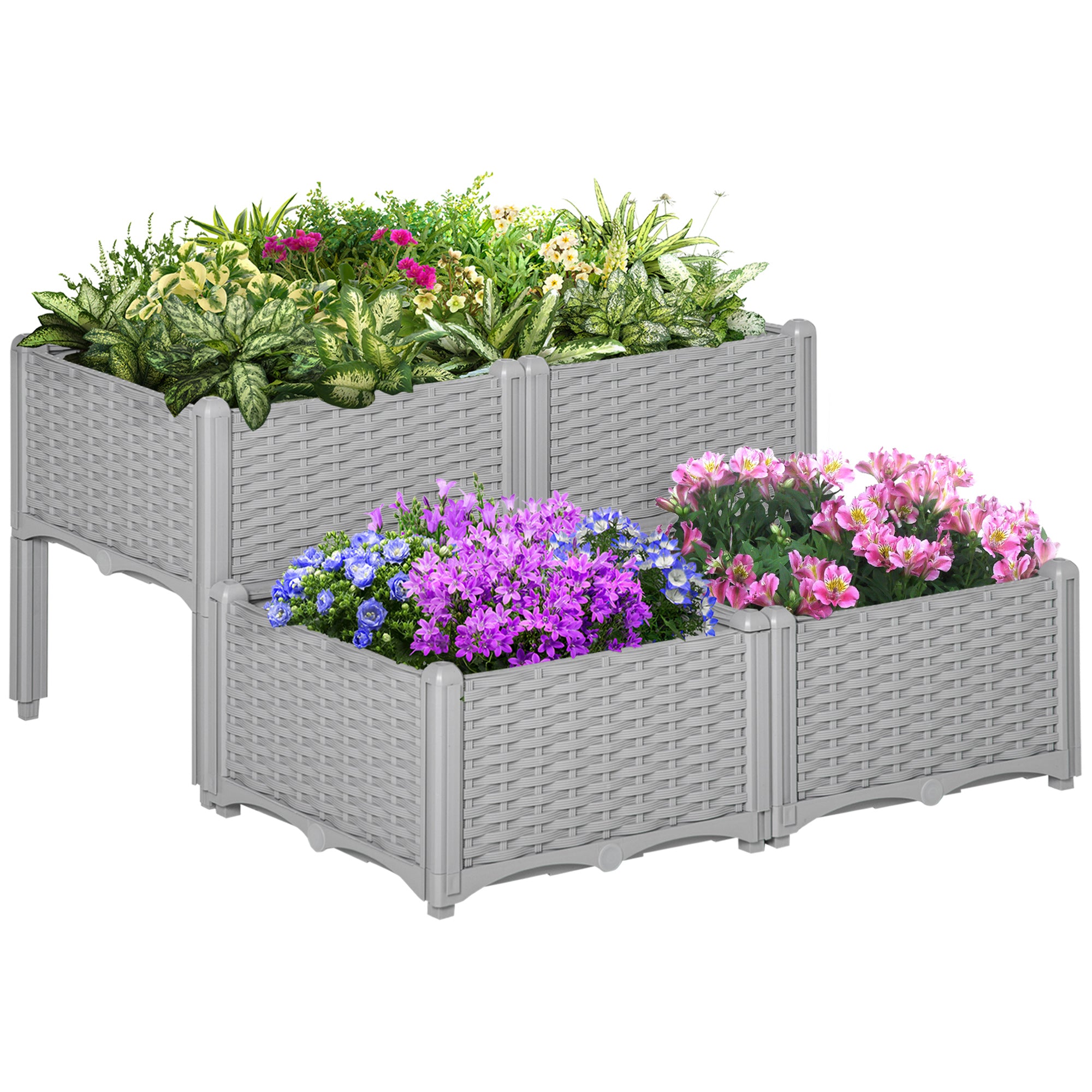Outsunny 40cm x 40cm x 44cm 26L Set of 4 Garden Raised Bed Elevated Patio Flower Plant Planter Box PP Vegetables Planting Container, Grey - North Peak Garden Furniture