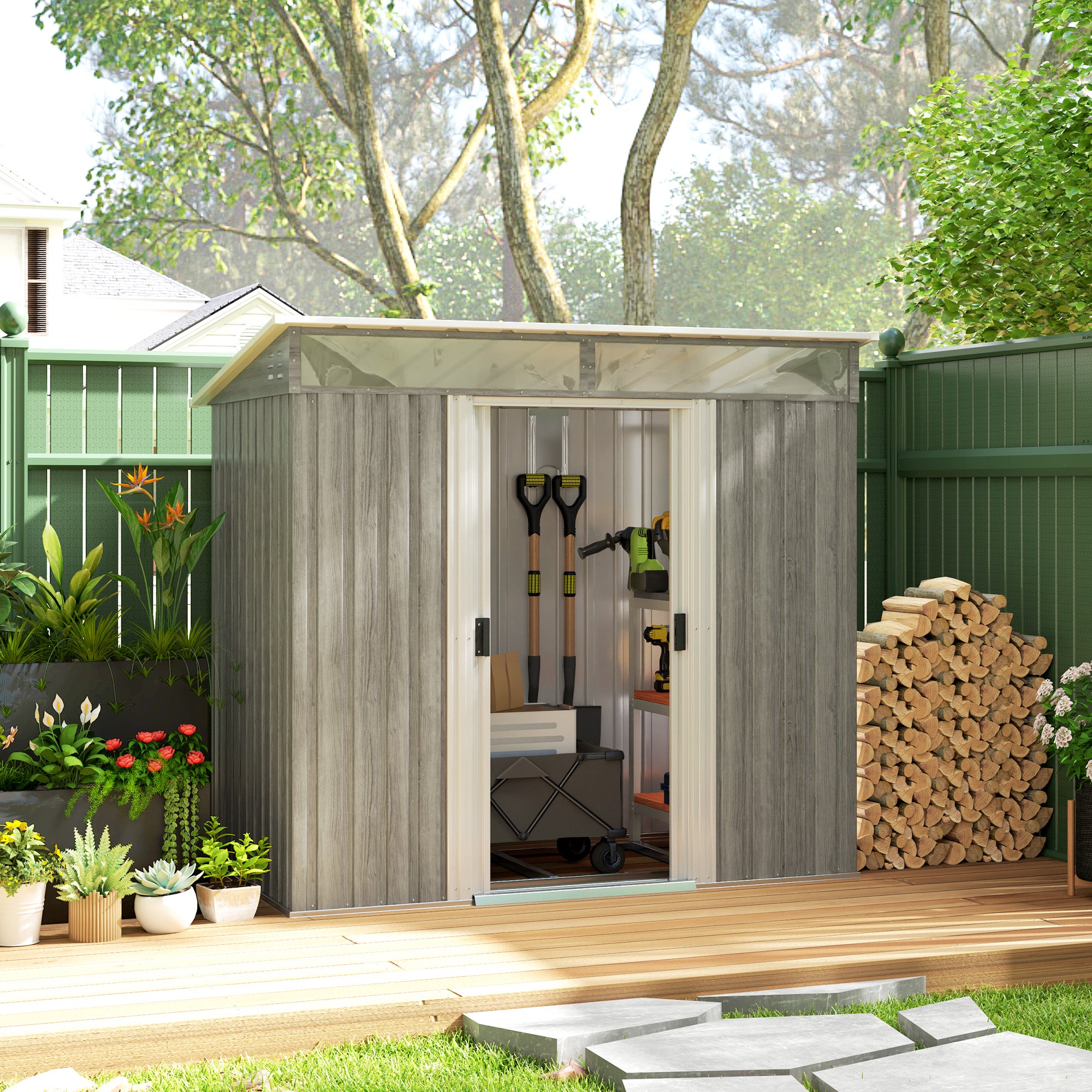 Outsunny 6.5 x 4FT Galvanised Metal Shed with Foundation Kit, Lockable Tool Garden Shed with Double Sliding Doors, Vents, Light Grey Wood Effect - North Peak Garden Furniture