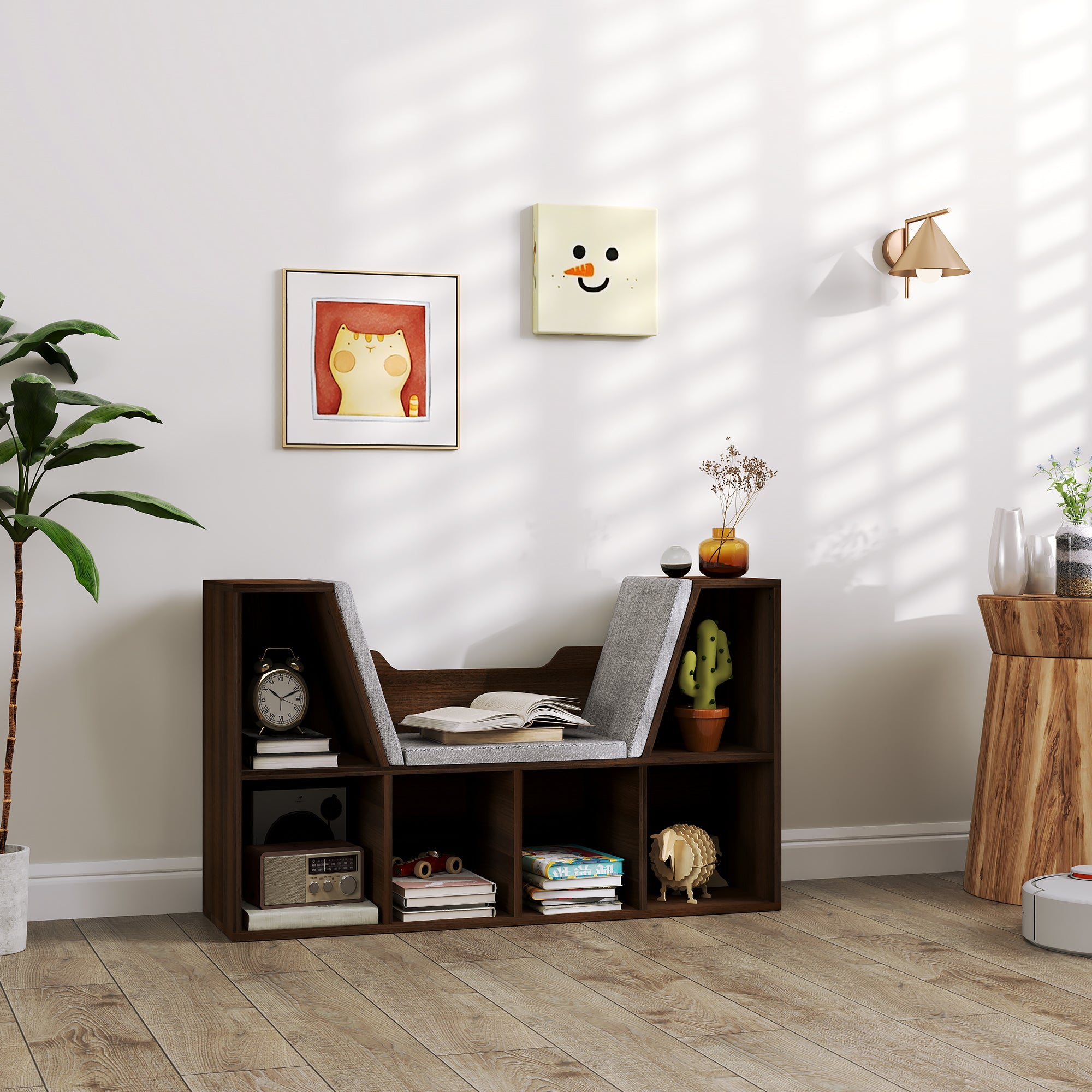 HOMCOM Bookcase Storage Shelf with Cushioned Reading Seat, Cube Bookshelf Organizer for Bedroom Living Room, Chestnut - North Peak Garden Furniture