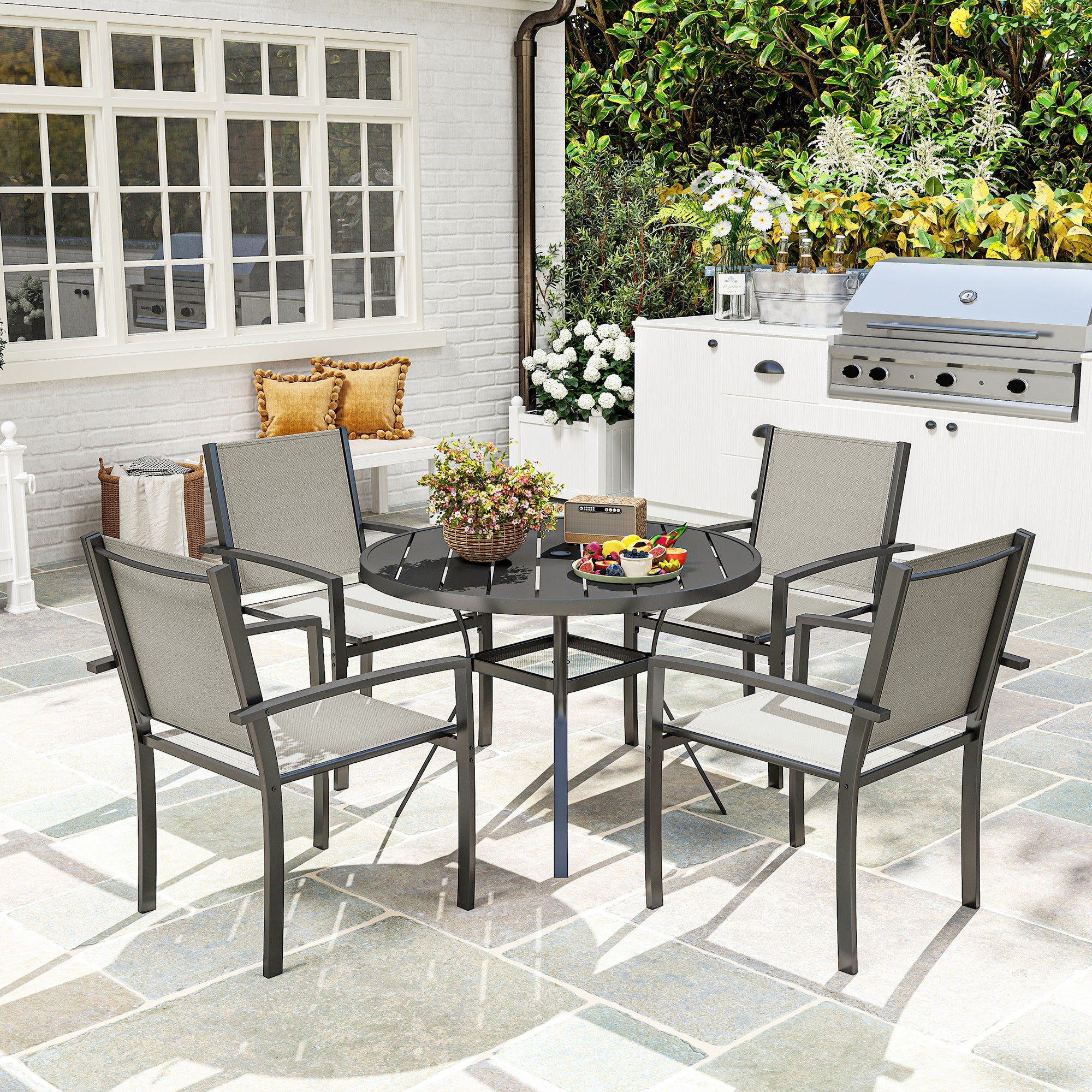 Outsunny 5 Piece Garden Furniture Set, Garden Dining Set with Round Table and 4 Stackable Chairs, Steel Frame, for Outdoor, Patio, Terraces, Dark Grey - North Peak Garden Furniture
