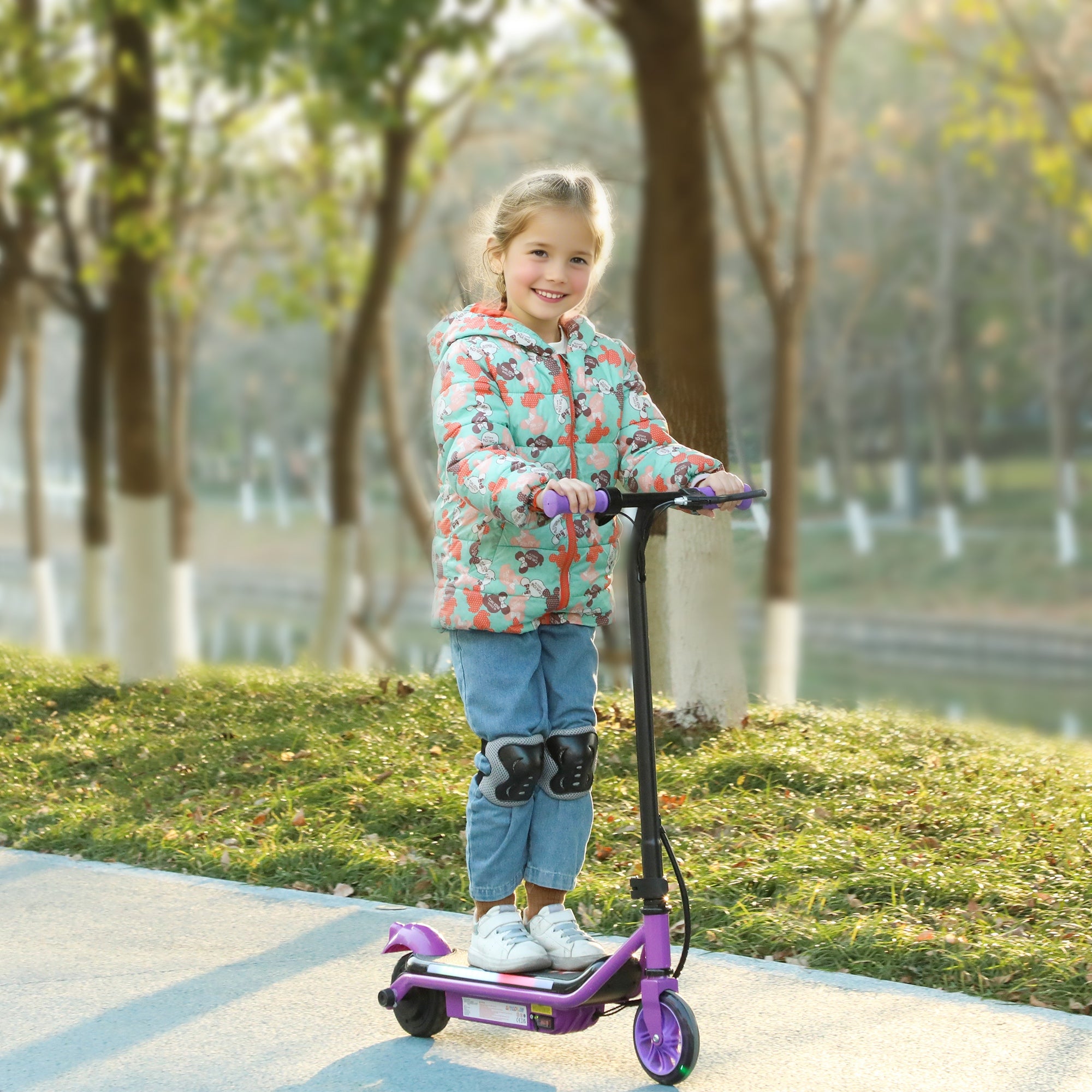AIYAPLAY Electric Scooter for Kids Ages 6-14, with Dual Brakes, Flash Wheel and Colourful Light, Kids Electric Scooter E Scooter, Up to 12 KM/H & 10 KM, Purple - North Peak Garden Furniture