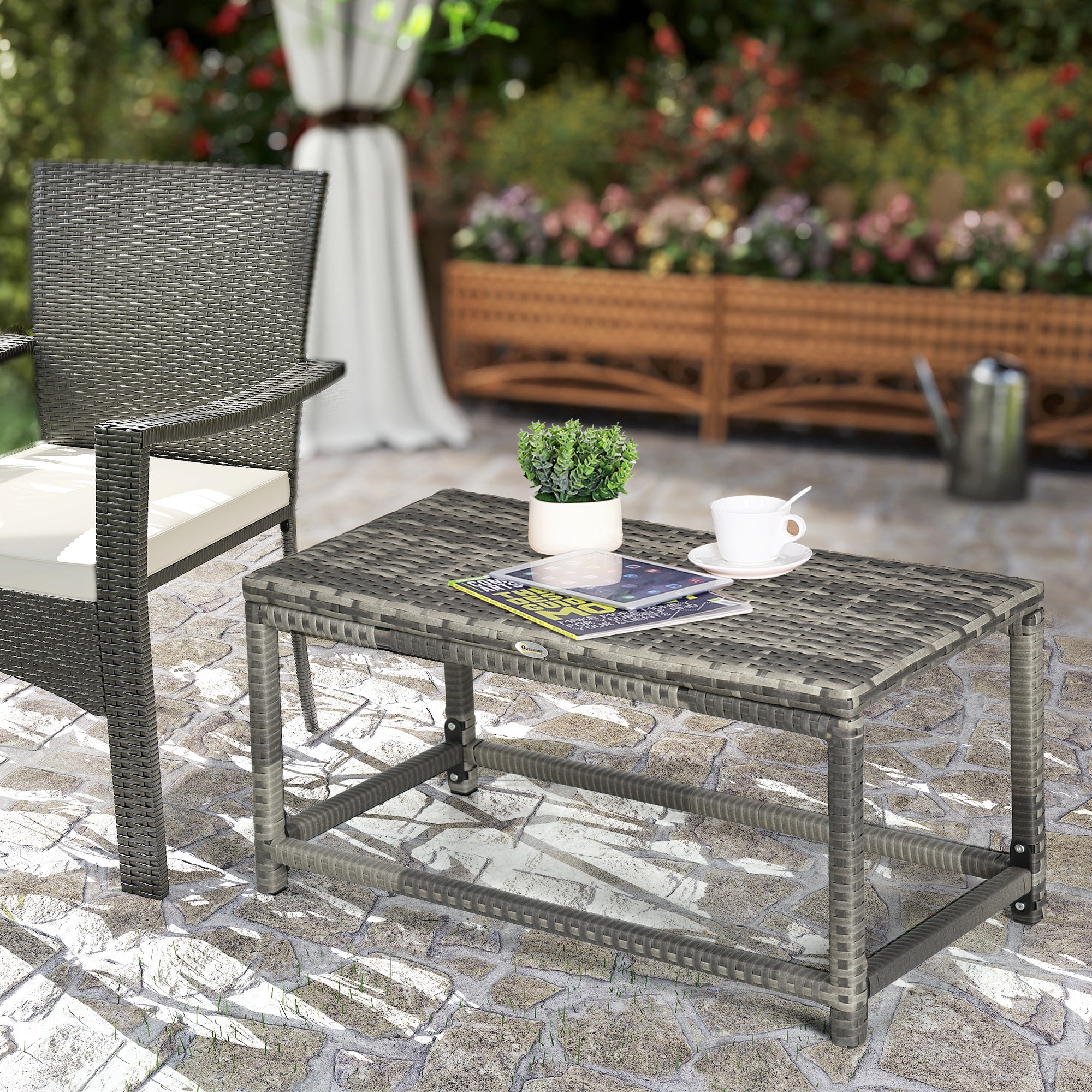 Outsunny Outdoor Coffee Table, Garden PE Rattan Side Table with Plastic Board Under the Full Woven Table Top and Rectangular Frame for Patio, Balcony, Mixed Grey - North Peak Garden Furniture