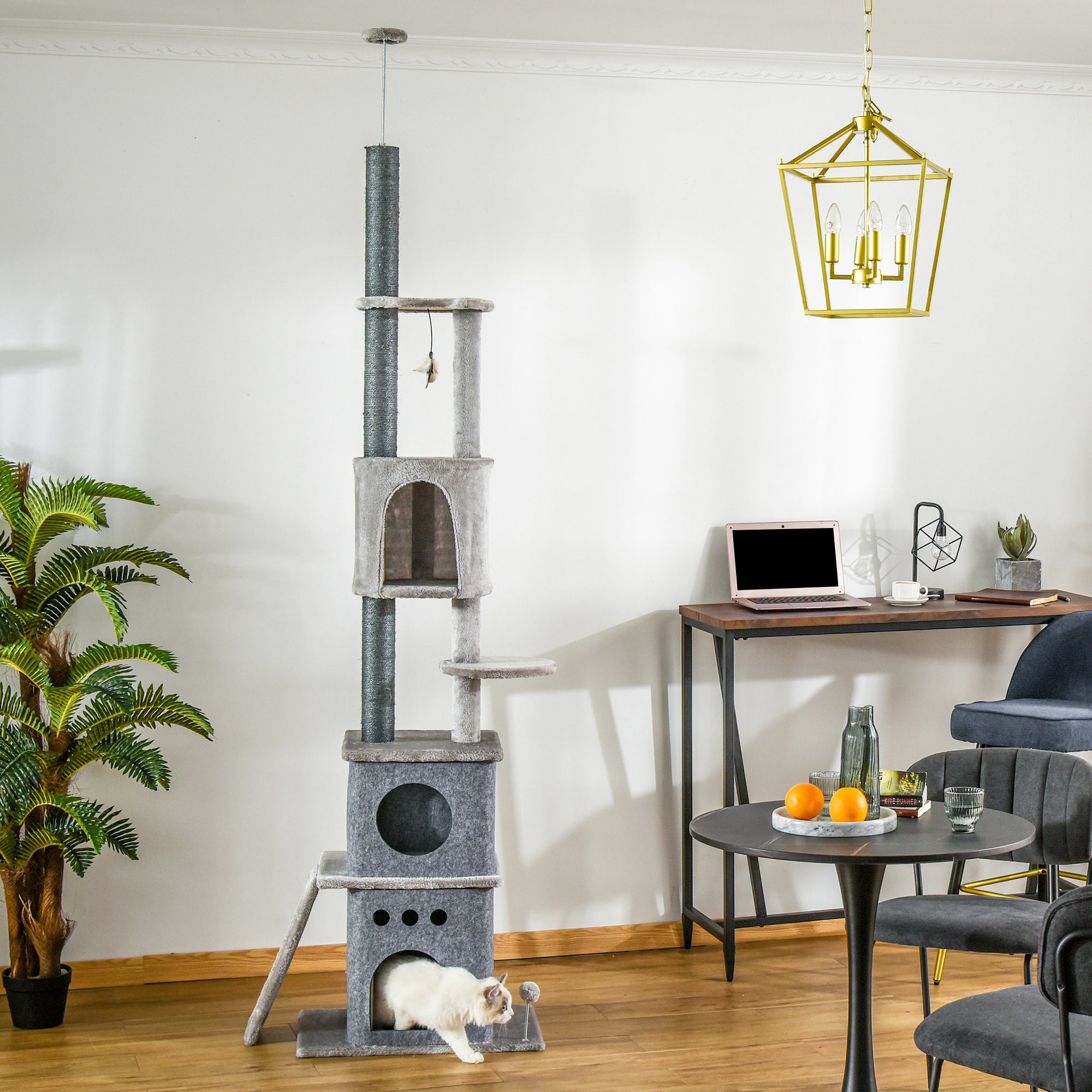 PawHut 255cm Floor To Ceiling Cat Tree for Indoor Cats Climber Scratching Post Adjustable Height Play Tower Removable Cover Grey - North Peak Garden Furniture