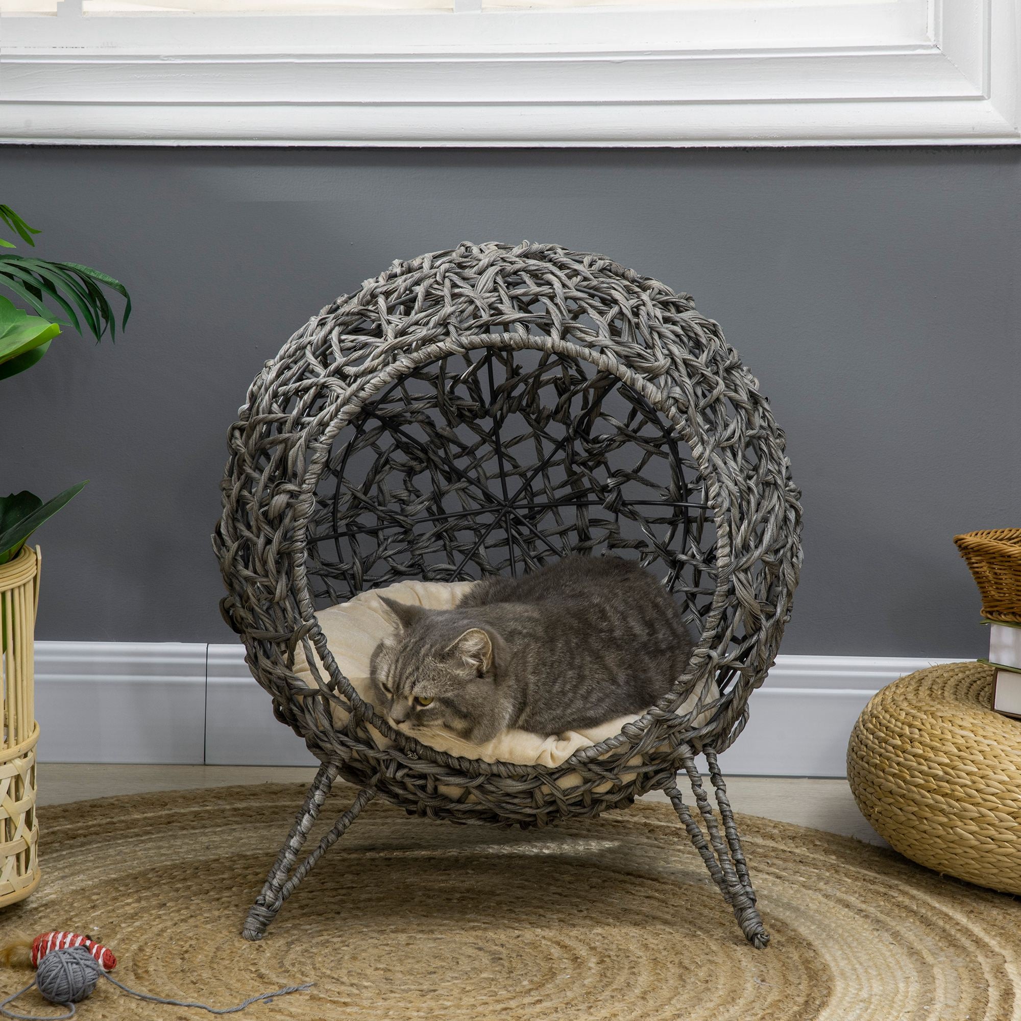 PawHut Rattan Elevated Cat Bed House Kitten Basket Ball Shaped Pet Furniture w/ Removable Cushion - Silver-Tone and Grey - North Peak Garden Furniture