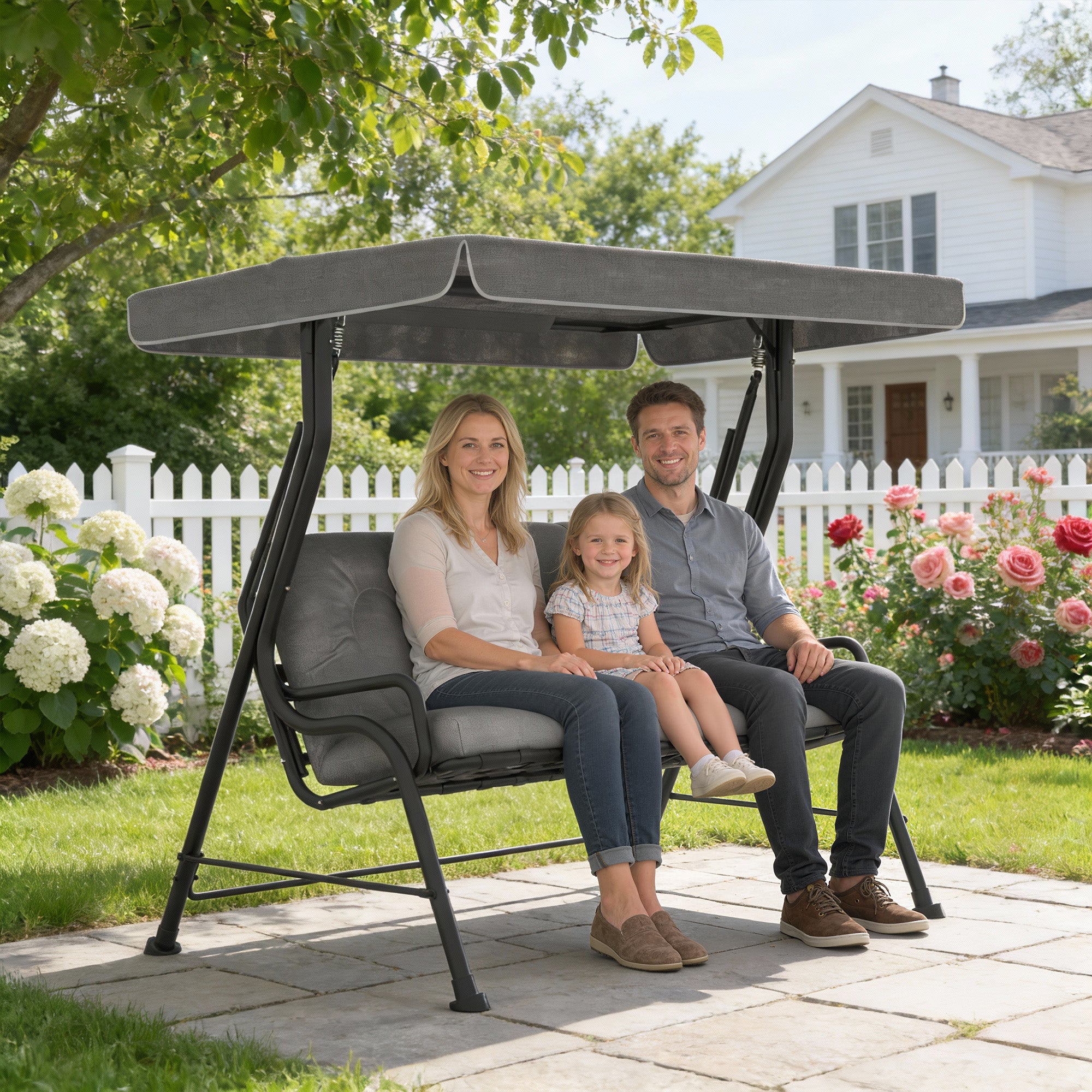 Outsunny 3-Seater Garden Swing Seat, Outdoor Swing Chair with Adjustable Waterproof Canopy, Light Grey