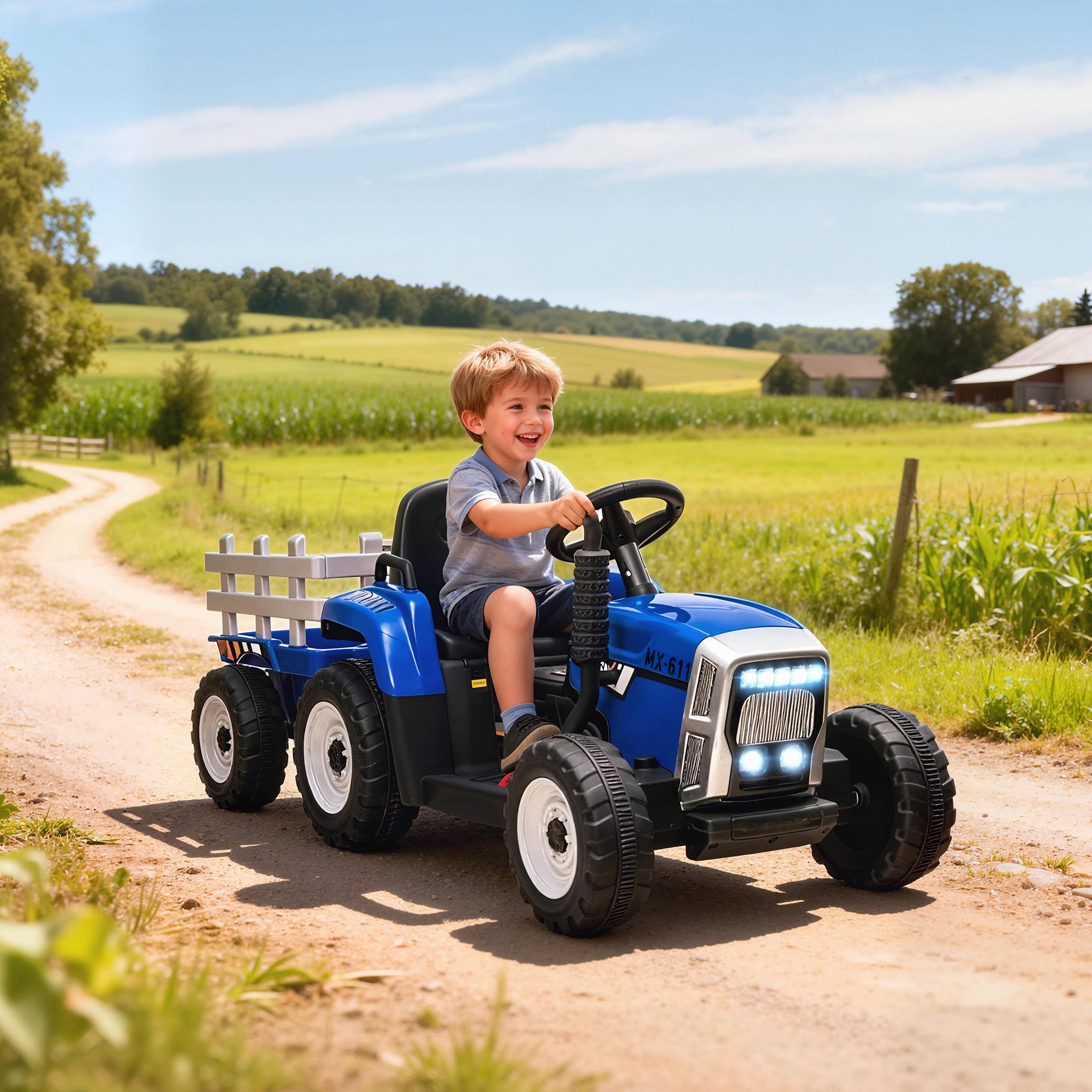 HOMCOM Ride On Tractor, Battery Powered Electric Car, with Detachable Trailer, Remote Control, Music - Blue