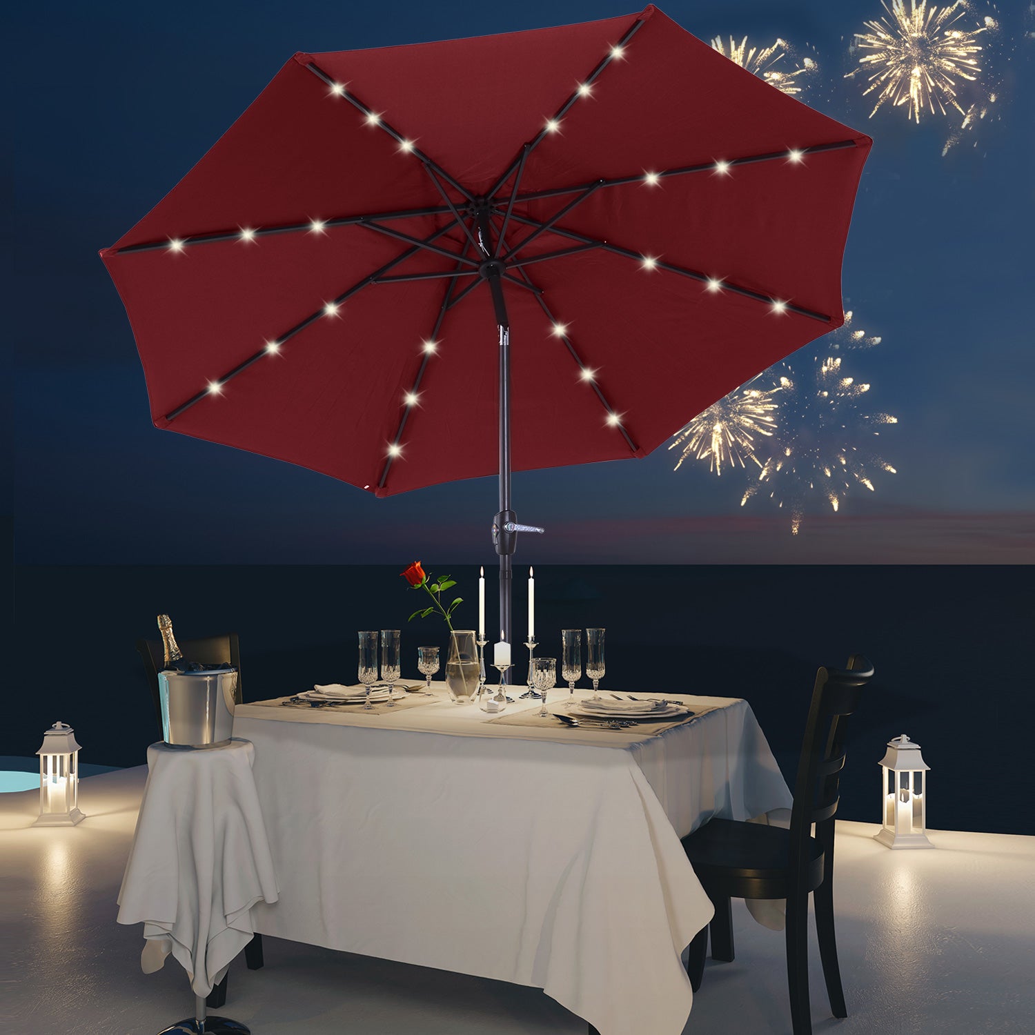 Outsunny Φ2.7m Garden 24 LED Light Parasol Solar Outdoor Tilt Sun Umbrella Patio Club Party Event Manual Sun Shade w/ Hand Crank and 8 Ribs, Red - North Peak Garden Furniture