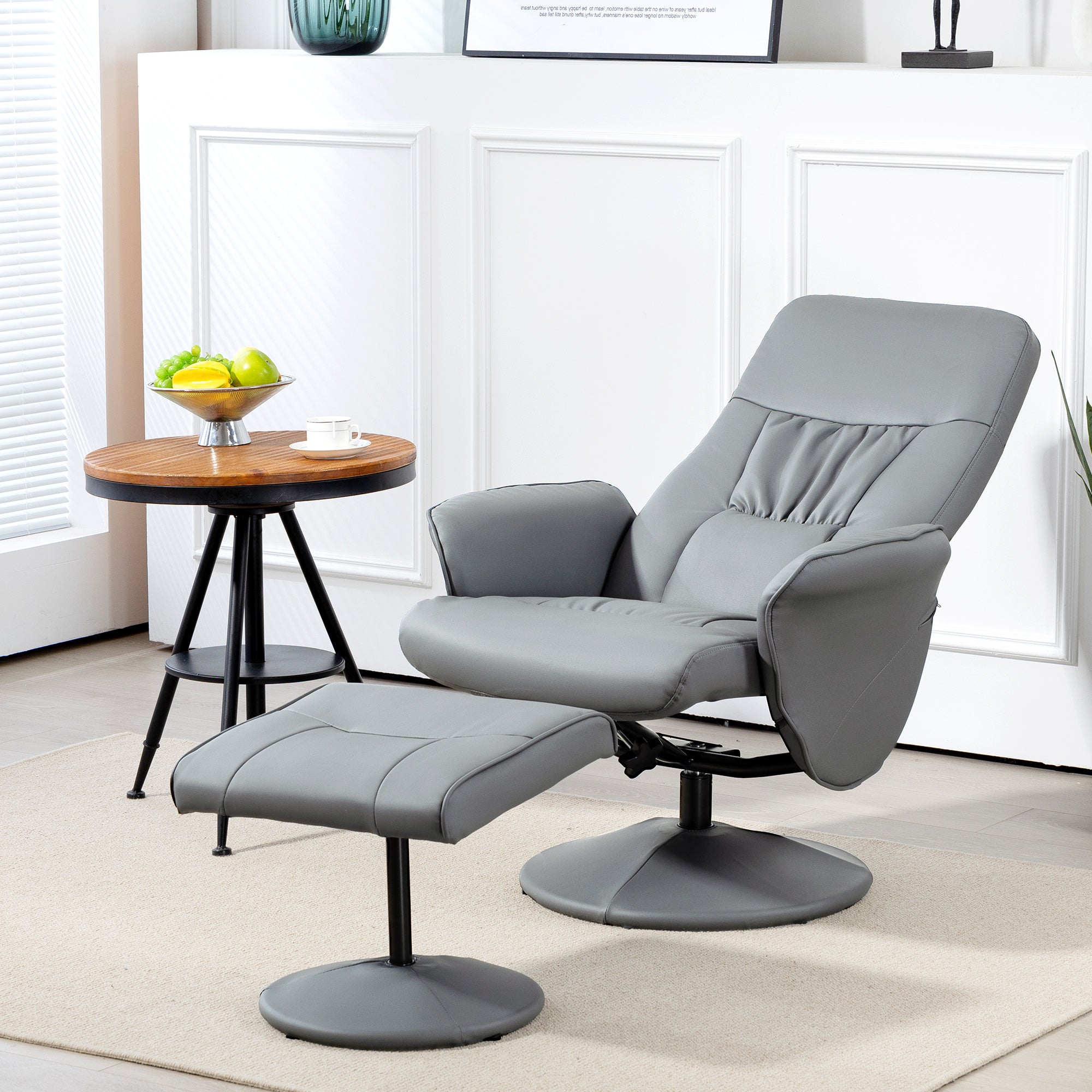 HOMCOM Swivel Recliner Chair with Footstool, PU Leather Armchair and Ottoman with High Back and Round Base for Living Room, Light Grey - North Peak Garden Furniture