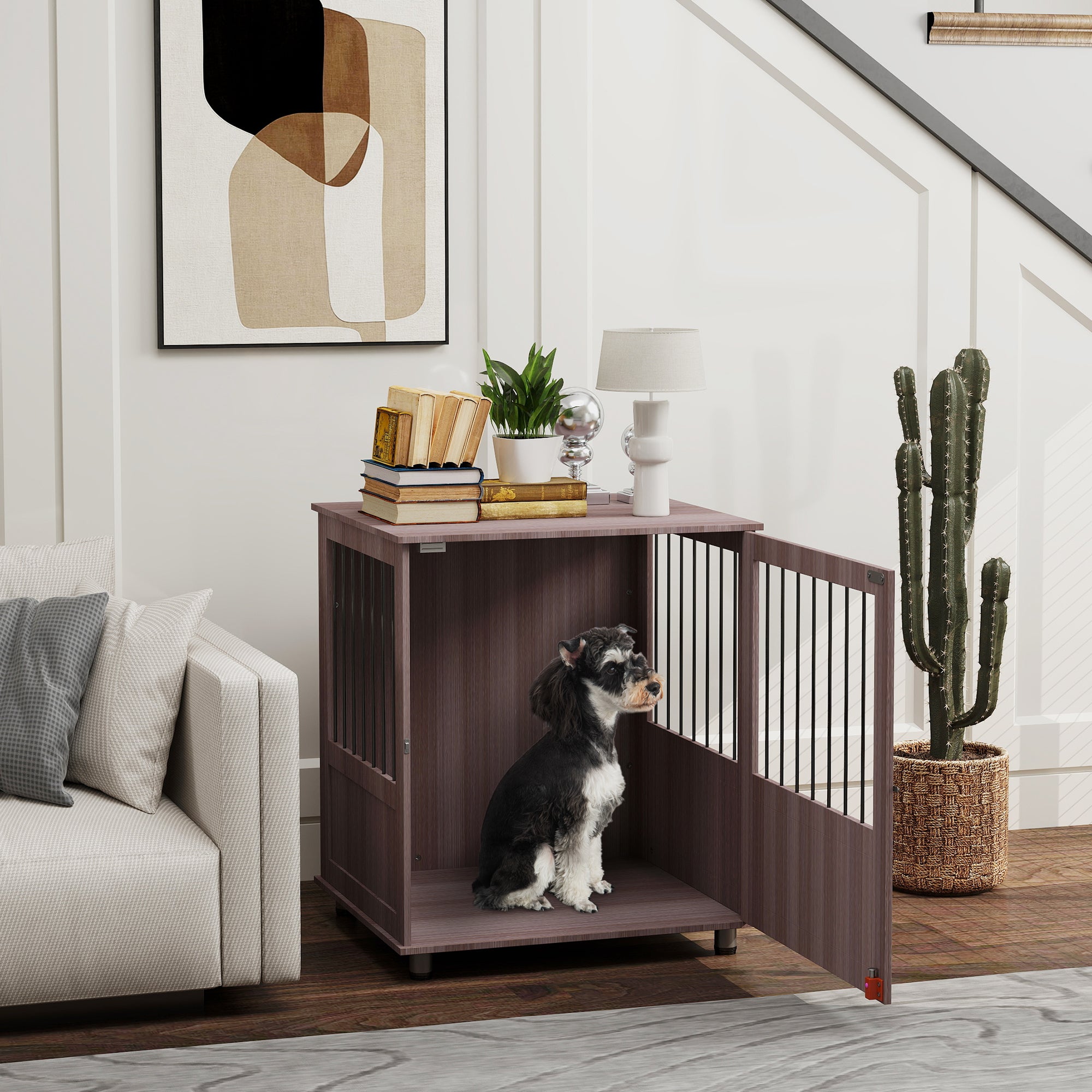PawHut Dog Crate Table for Medium and Large Dogs with Magnetic Door for Indoor Use, 60 x 55 x 70 cm, Purple - North Peak Garden Furniture