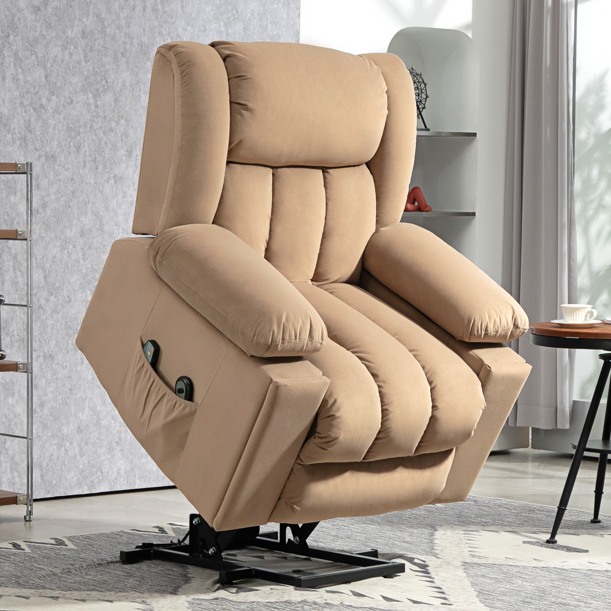 HOMCOM Power Lift Recliner Chair with Vibration Massage and Heat, Electric Lift Chair for Elderly, Overstuffed Fabric Riser and Reclining Armchair with USB Ports, Cup Holders, Light Brown - North Peak Garden Furniture