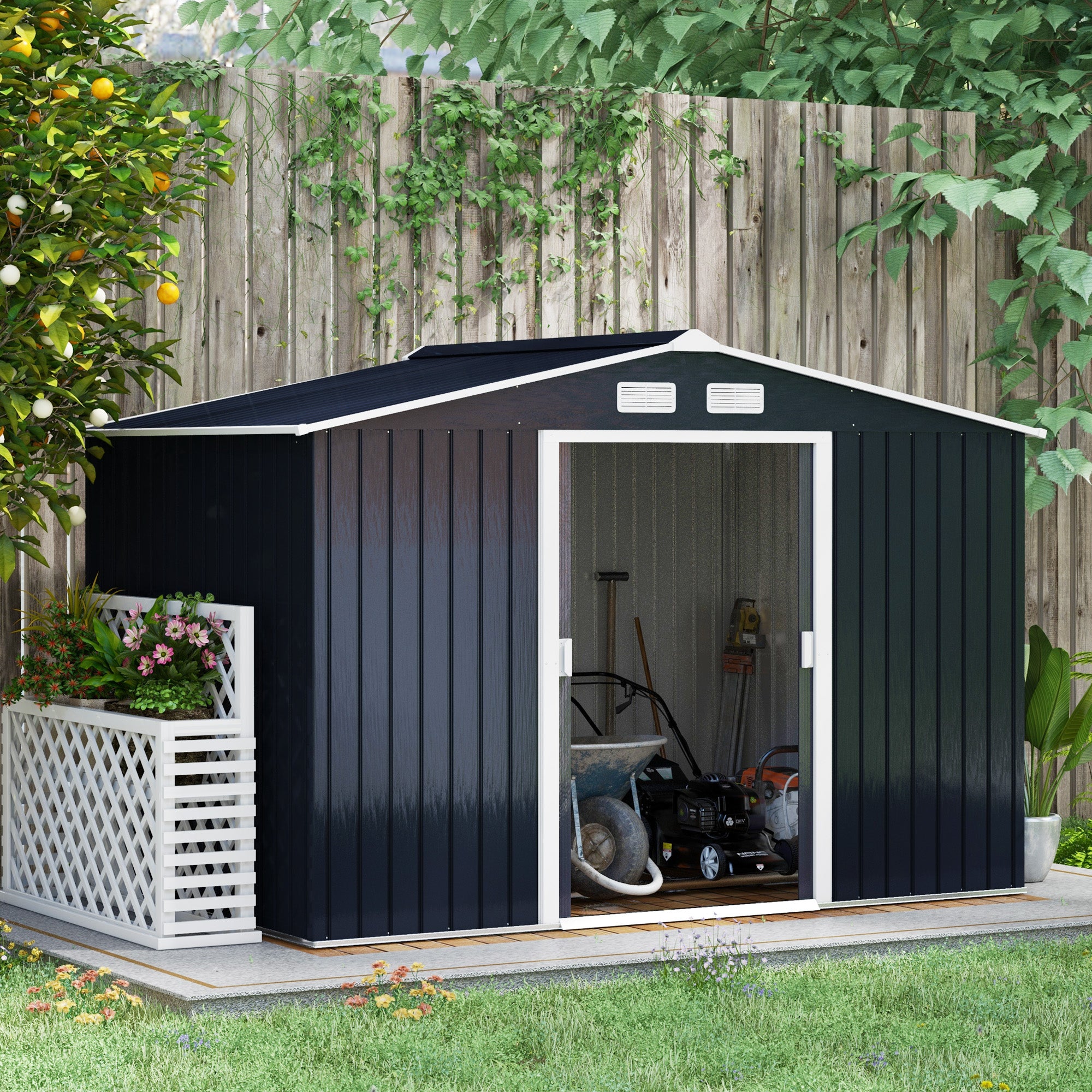 Outsunny 9 x 6ft Metal Garden Shed, Outdoor Storage Tool House with Ventilation Slots, Foundation Kit and Lockable Double Doors, Dark Grey - North Peak Garden Furniture