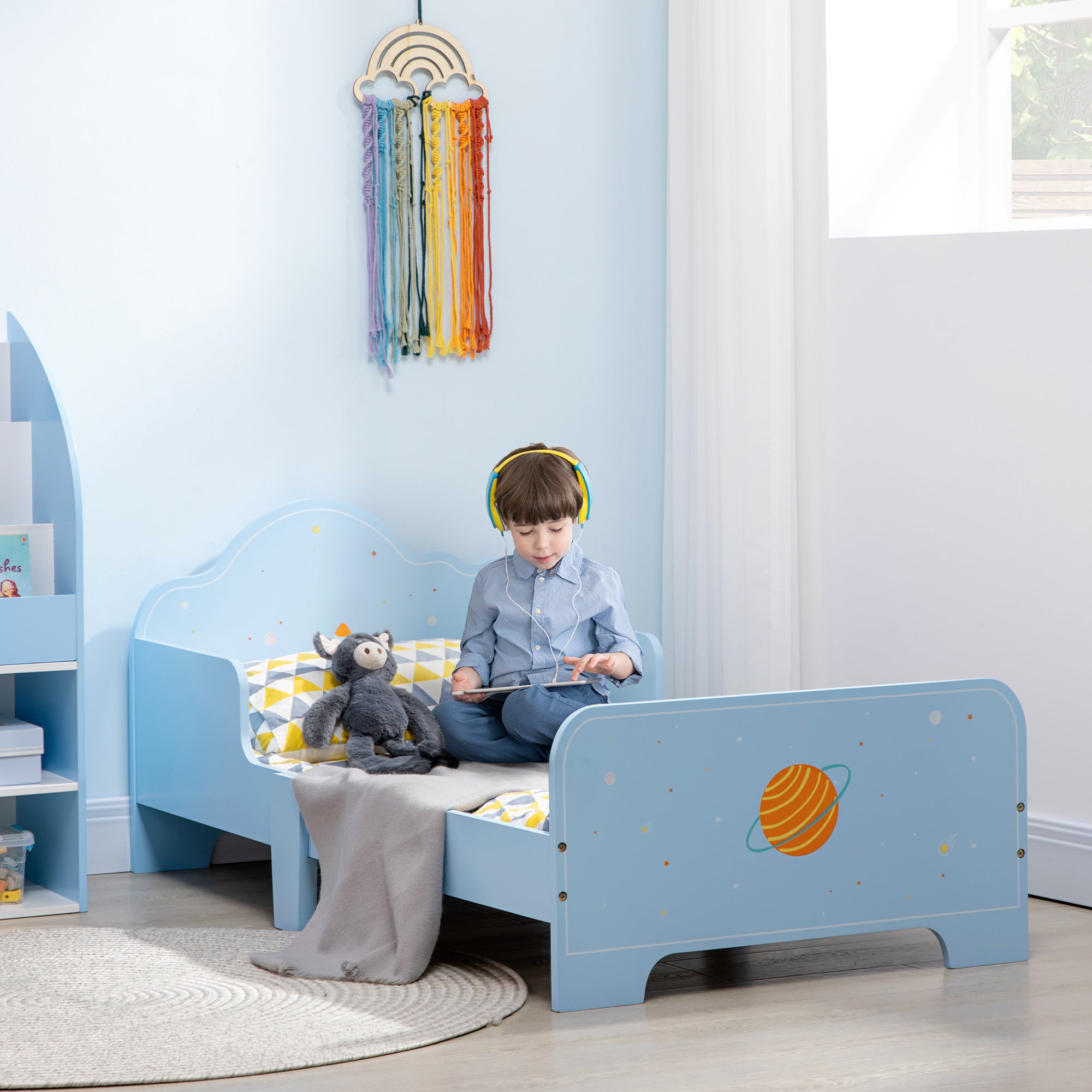 ZONEKIZ Space Themed Toddler Bed, Kids Bedroom Furniture, with Safety Rails - Blue - North Peak Garden Furniture