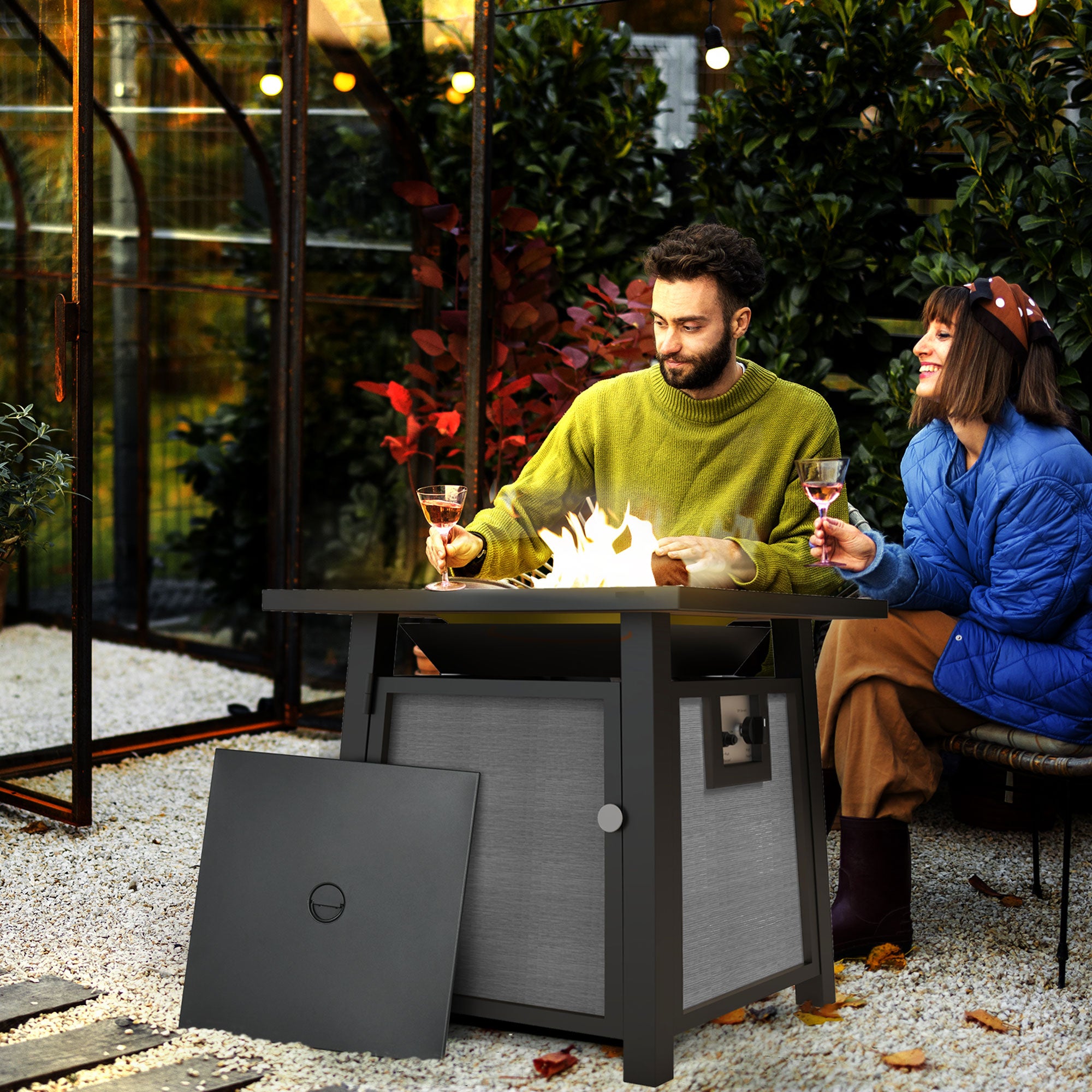 Outsunny 71 x 71cm 50,000 BTU Gas Fire Pit Table with Cover - Grey - North Peak Garden Furniture