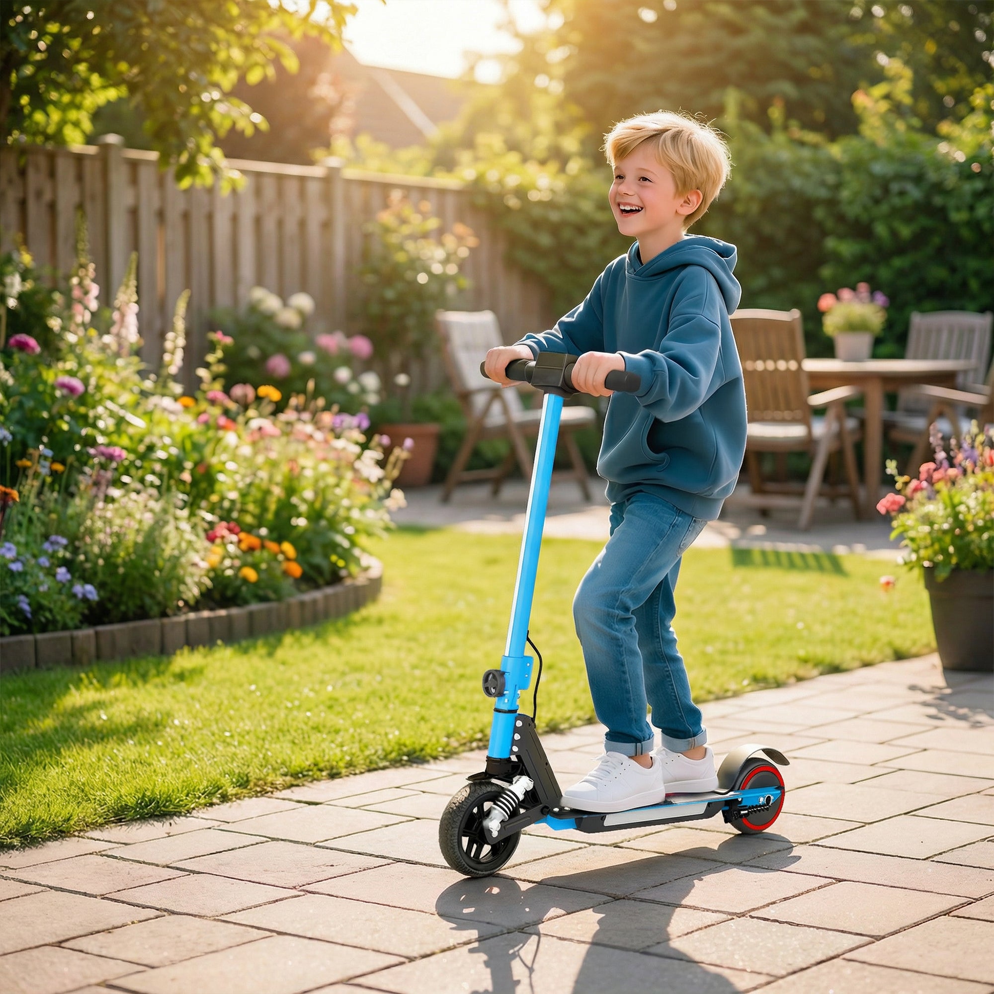 SPORTNOW Folding Electric Scooter for Kids Age 6-14 with Dual Brakes, Front Suspension, LED Colourful Lights and Display, 6.8kg Lightweight Aluminium E Scooter, Up to 14 KM/H & 6 KM, Blue