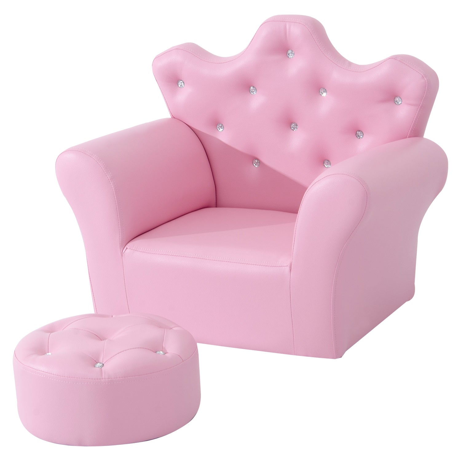 HOMCOM Children Kids Sofa Set Armchair Chair Seat with Free Footstool PU Leather for Girls 58L x 40.5W x 49H cm Pink - North Peak Garden Furniture
