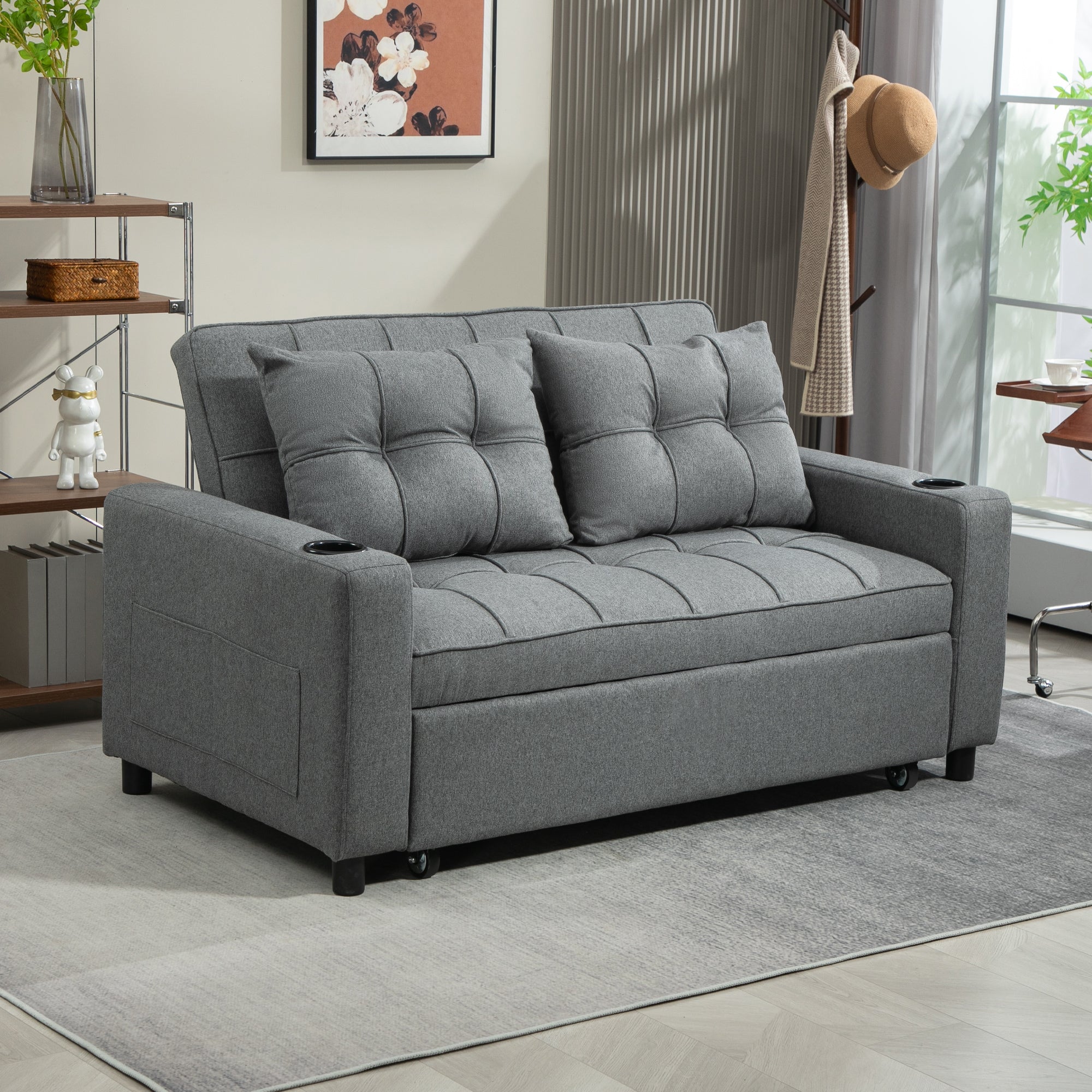 HOMCOM Two-Seater Pull-Out Sofa Bed - Charcoal Grey - North Peak Garden Furniture
