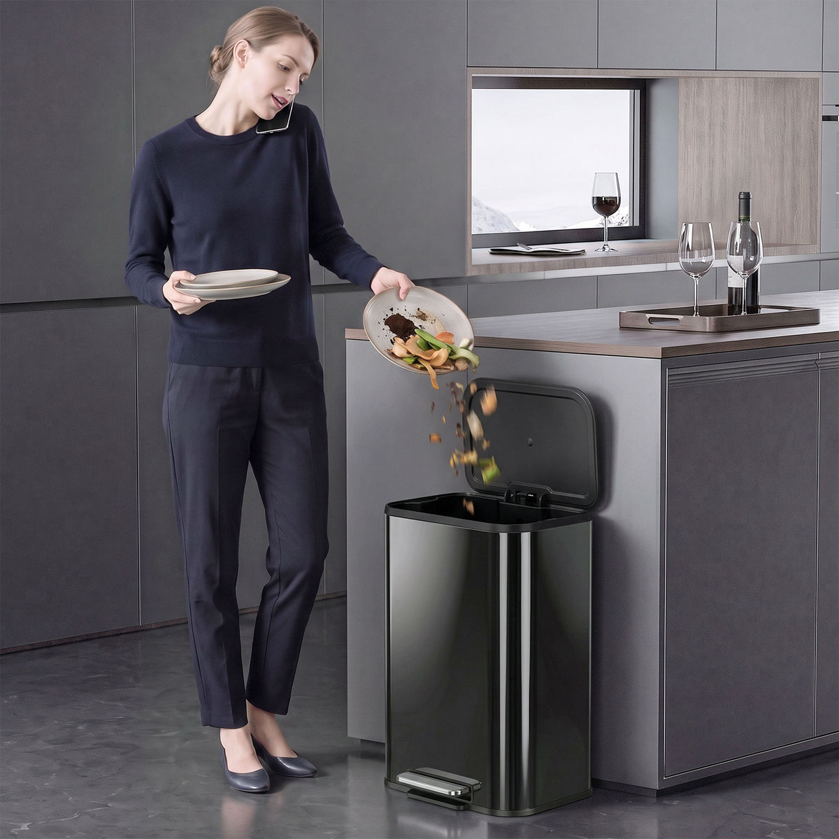HOMCOM 50L Kitchen Bin, Metal Pedal Rubbish Bin with Soft Close and Stay-Open Lid, Removable Inner Bucket, High Gloss Black
