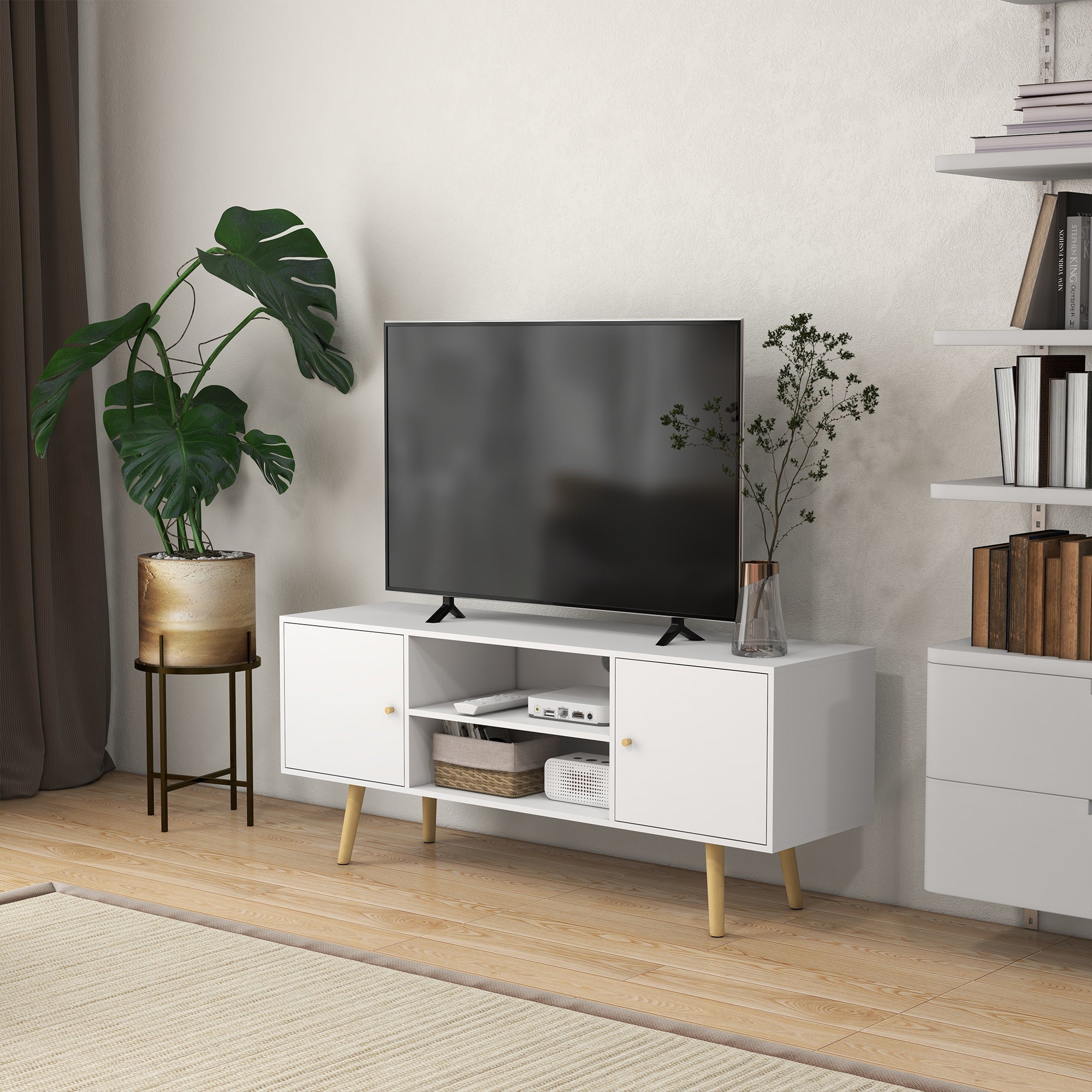 HOMCOM TV Unit Cabinet for TVs up to 55 Inches, TV Stand with Storage Shelves and Wood Legs for Living Room, White - North Peak Garden Furniture