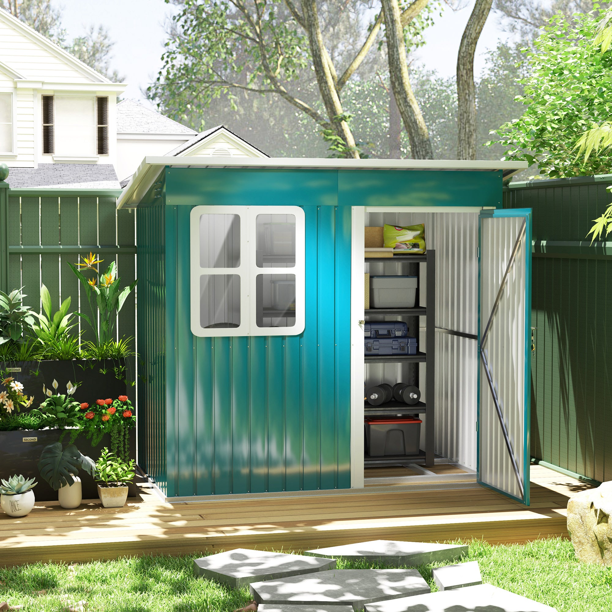 Outsunny 7 x 4ft Galvanised Steel Garden Shed, with Lock and Gloves - Green - North Peak Garden Furniture