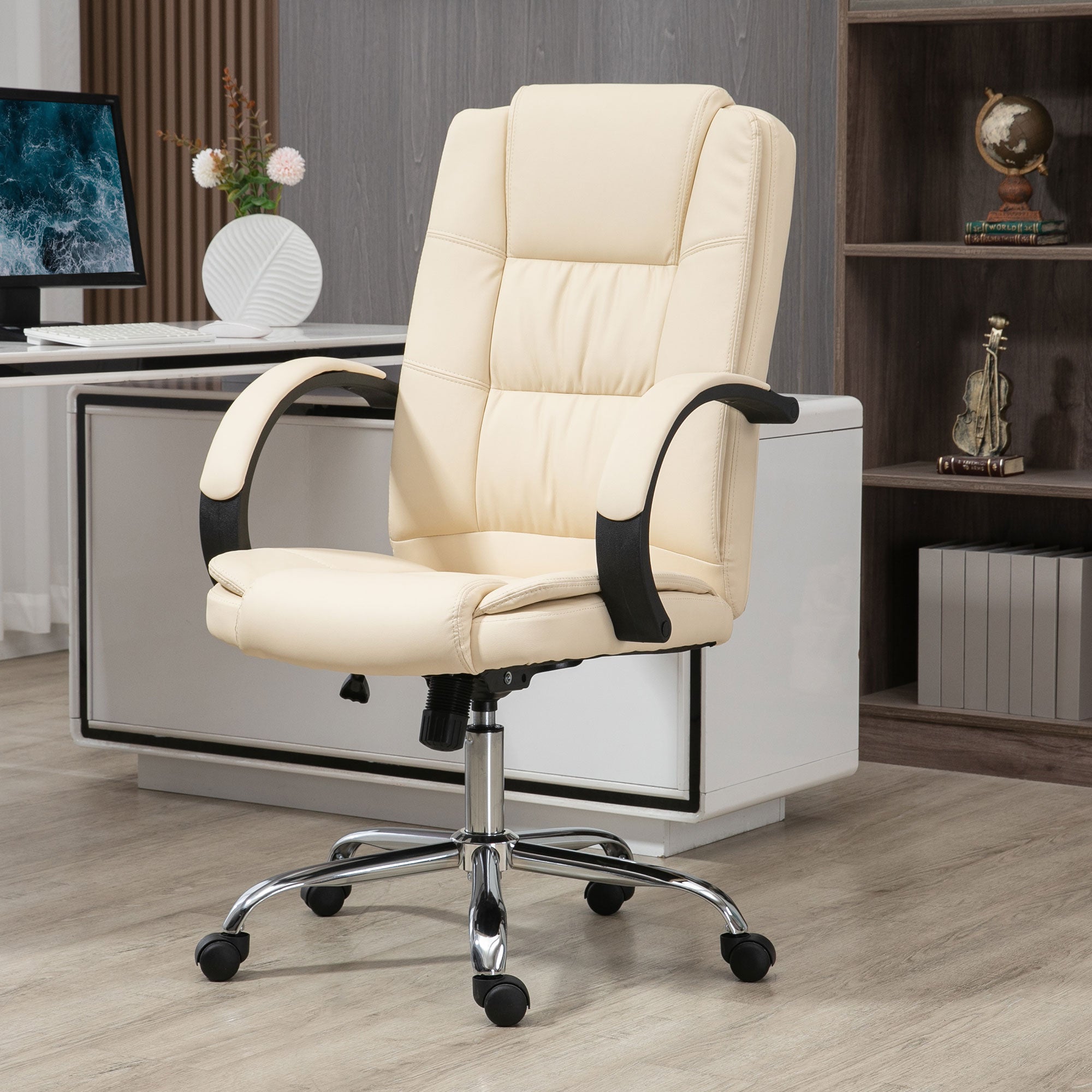 Vinsetto Office Chair, PU Leather Desk Chair with 13cm Soft Padded Seat and Backrest, Swivel Chair with Adjustable Height and Rolling Wheels, Beige - North Peak Garden Furniture
