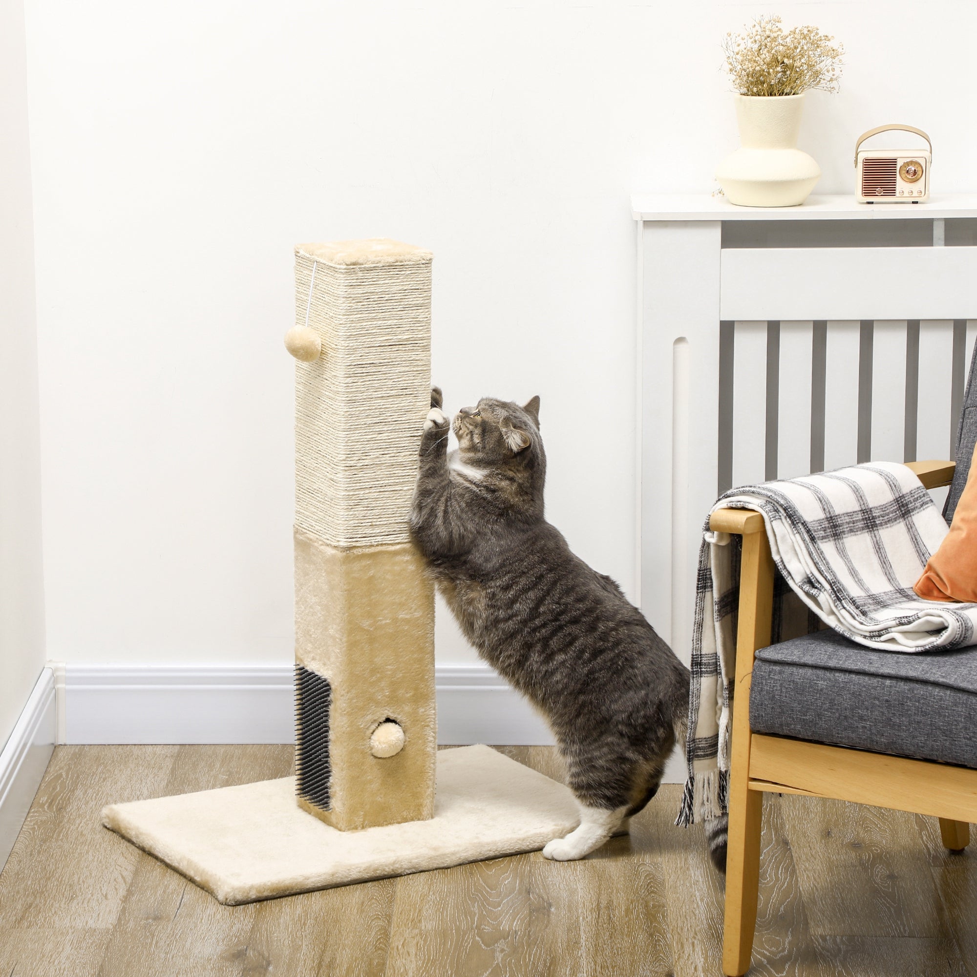 PawHut Jute Cat Scratching Post w/ Carpet Base Hanging Toy - Beige - North Peak Garden Furniture