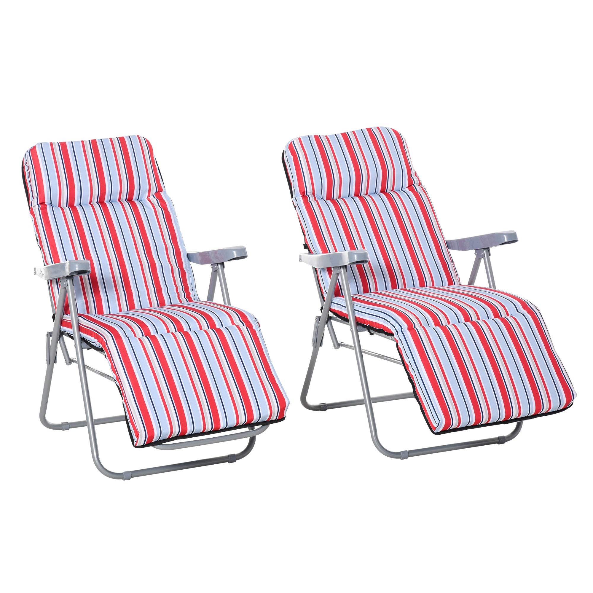 Outsunny Set of 2 Garden Sun Lounger Outdoor Reclining Seat Cushioned Seat Foldable Adjustable Recliner Red and White - North Peak Garden Furniture