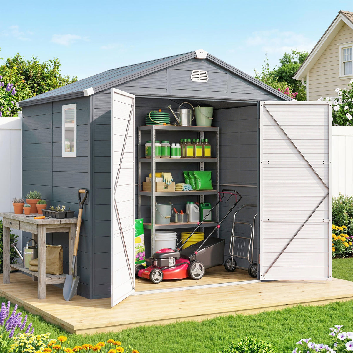 Outsunny 7.9ft x 6.2ft Aluminium Frame and Plastic Wall Shed, with Foundation - Grey