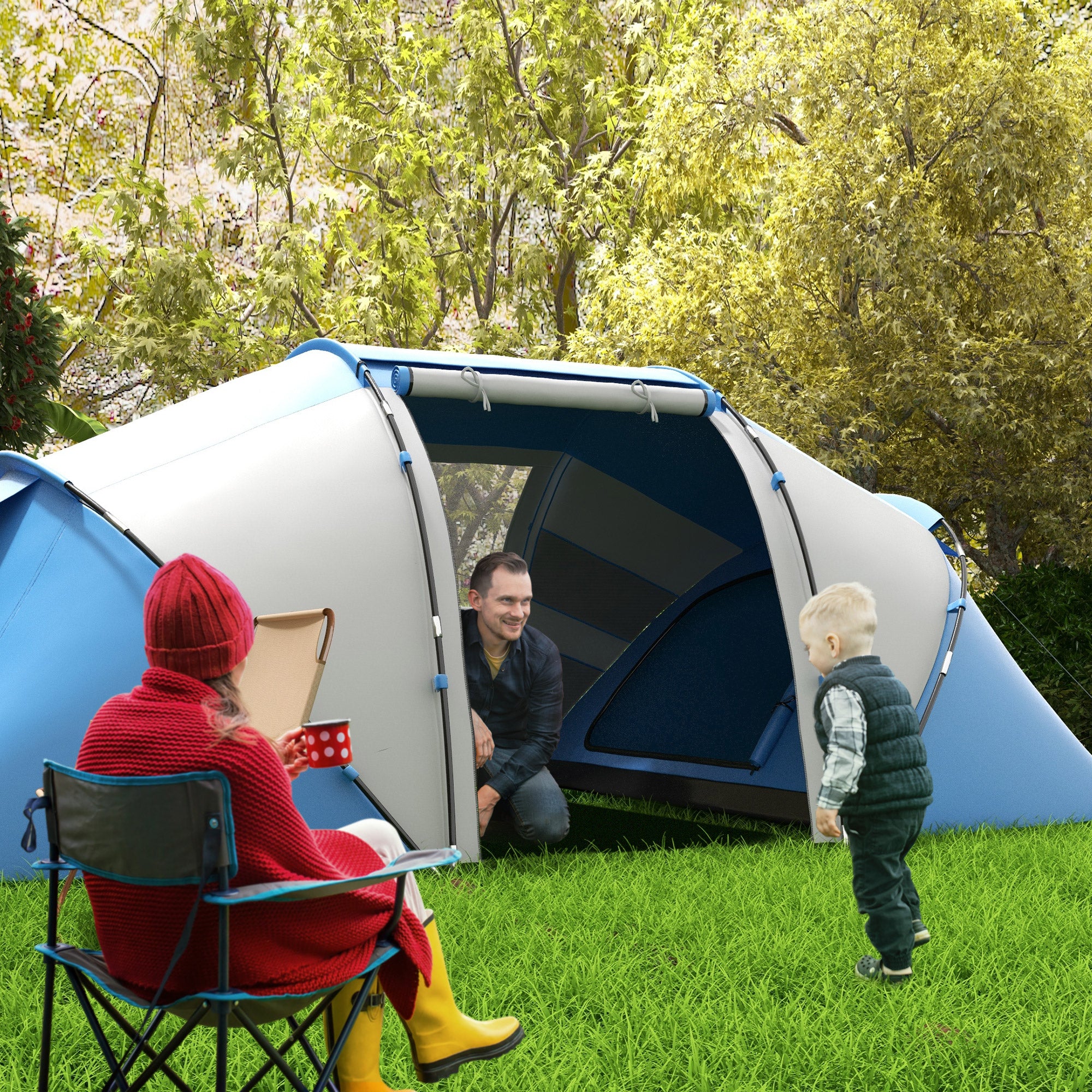 Outsunny 4-6 Man Camping Tent w/ Two Bedroom, Hiking Sun Shelter, UV Protection Tunnel Tent, Blue and White - North Peak Garden Furniture