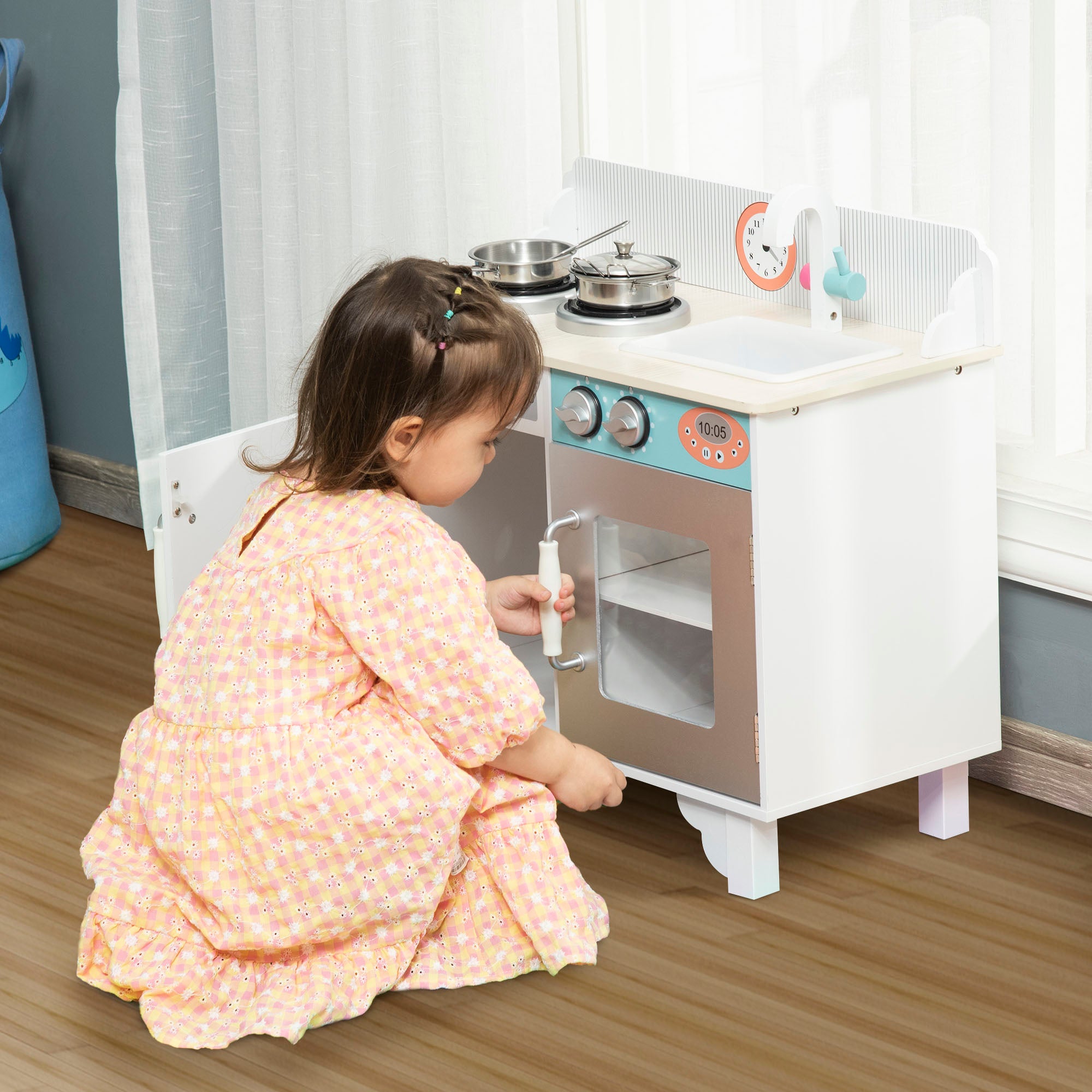 HOMCOM Kids Wooden Play Kitchen Toy Cooking Set Pretend Role Playset, with, Cooking Bench, Stainless Steel Pot for 3-6 Years - North Peak Garden Furniture
