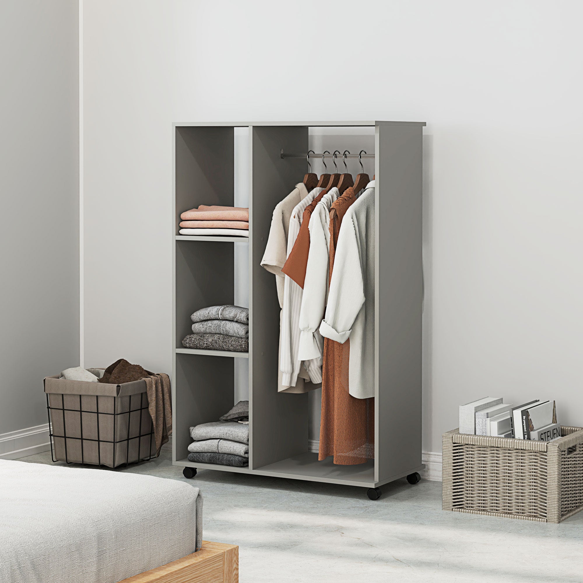 HOMCOM Open Wardrobe on Wheels with Clothes Rail, Bedroom Clothes Storage with Hanging Rod, 3 Storage Shelves, Mobile Garment Rack for Cloakroom, Hallway, Grey - North Peak Garden Furniture
