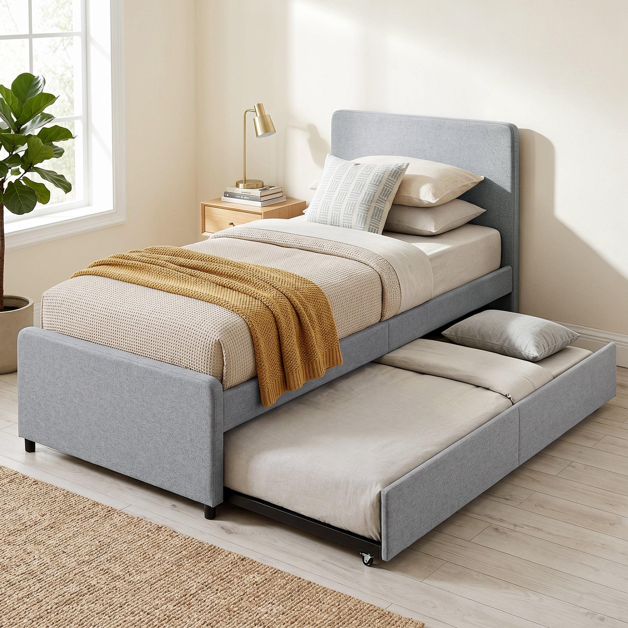 HOMCOM 3ft Single Bed Frame with Trundle, Upholstered Pull Out Trundle Bed with Headboard and Footboard, Light Grey