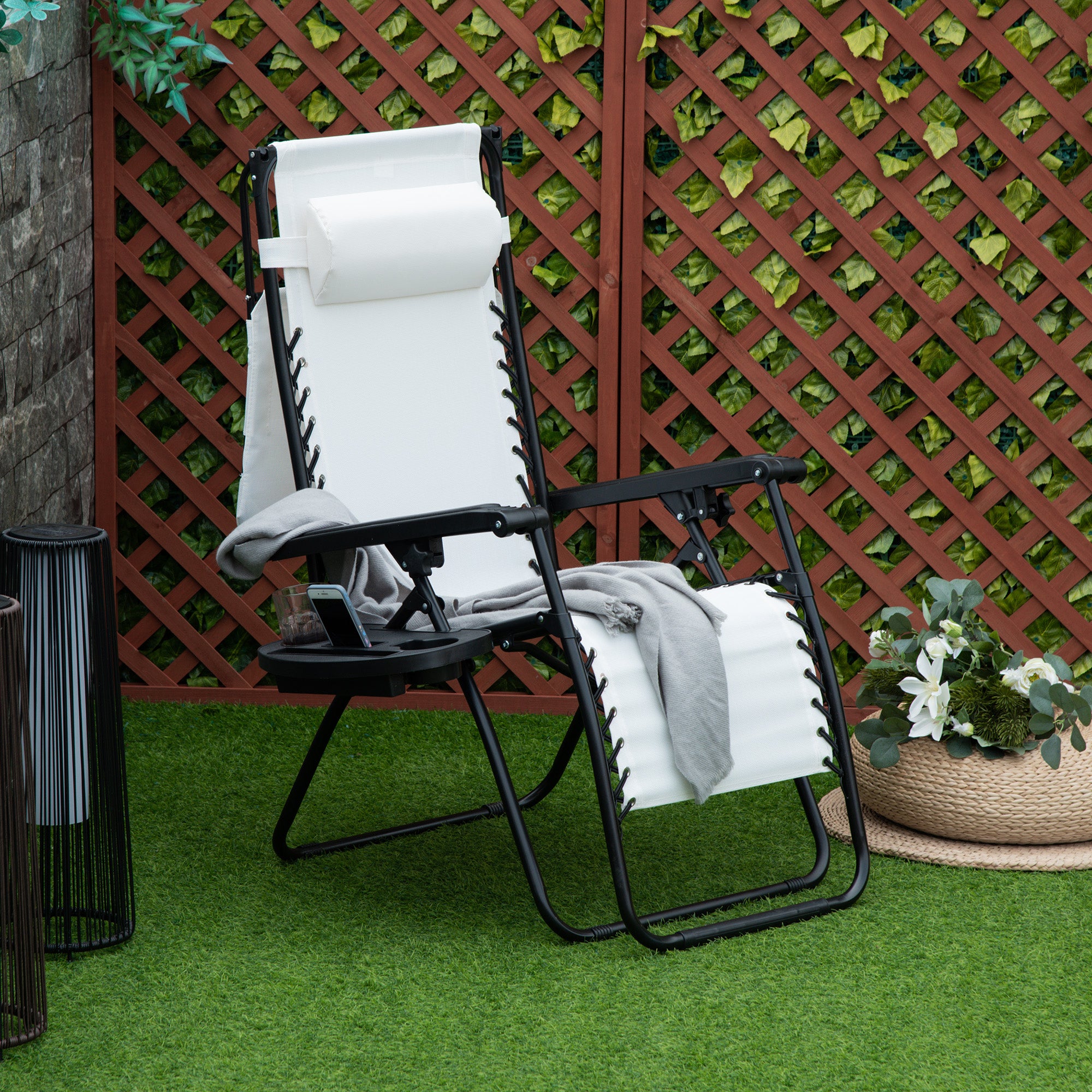 Outsunny Zero Gravity Garden Folding Patio Sun Lounger w/Cup Holder & Canopy Shade White - North Peak Garden Furniture