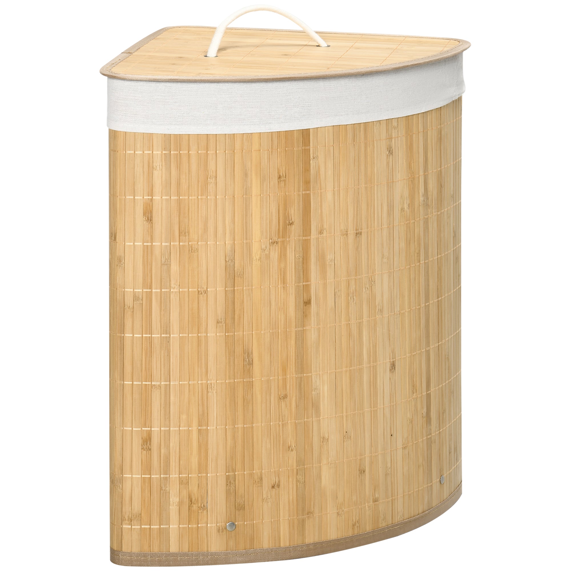 HOMCOM Bamboo Laundry Basket with Lid, 55 Litres Laundry Hamper with Removable Washable Lining, Corner Washing Baskets, 38 x 38 x 57cm, Natural - North Peak Garden Furniture
