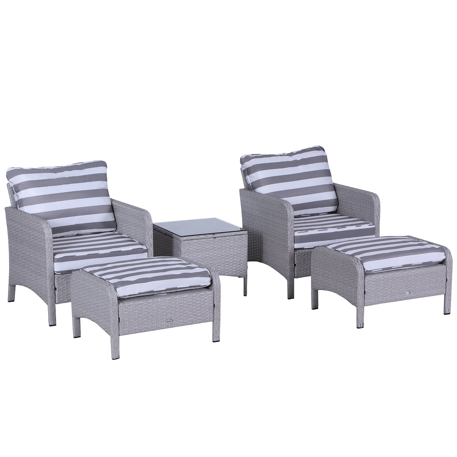 Outsunny 5 Pieces PE Rattan Garden Furniture Set with 10cm Thick Padded Cushions, Wicker Weave Outdoor Seating Chairs with 2 Armchairs, 2 Stools, Glass Top Table, Grey and White - North Peak Garden Furniture