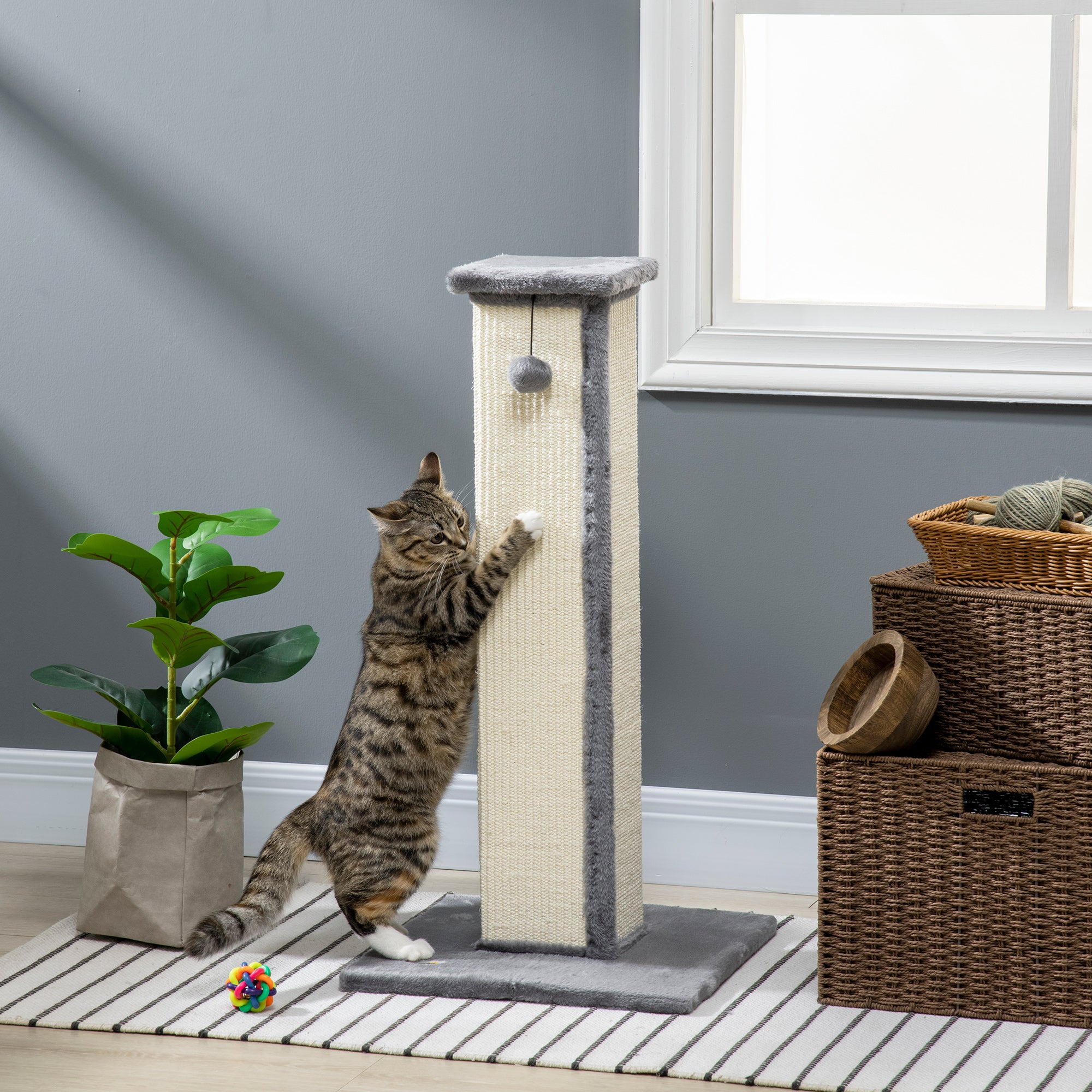PawHut 81cm Cat Scratcher, Vertical Full Scratcher w/ Natural Sisal Rope, Hanging Ball, Soft Plush - Grey - North Peak Garden Furniture