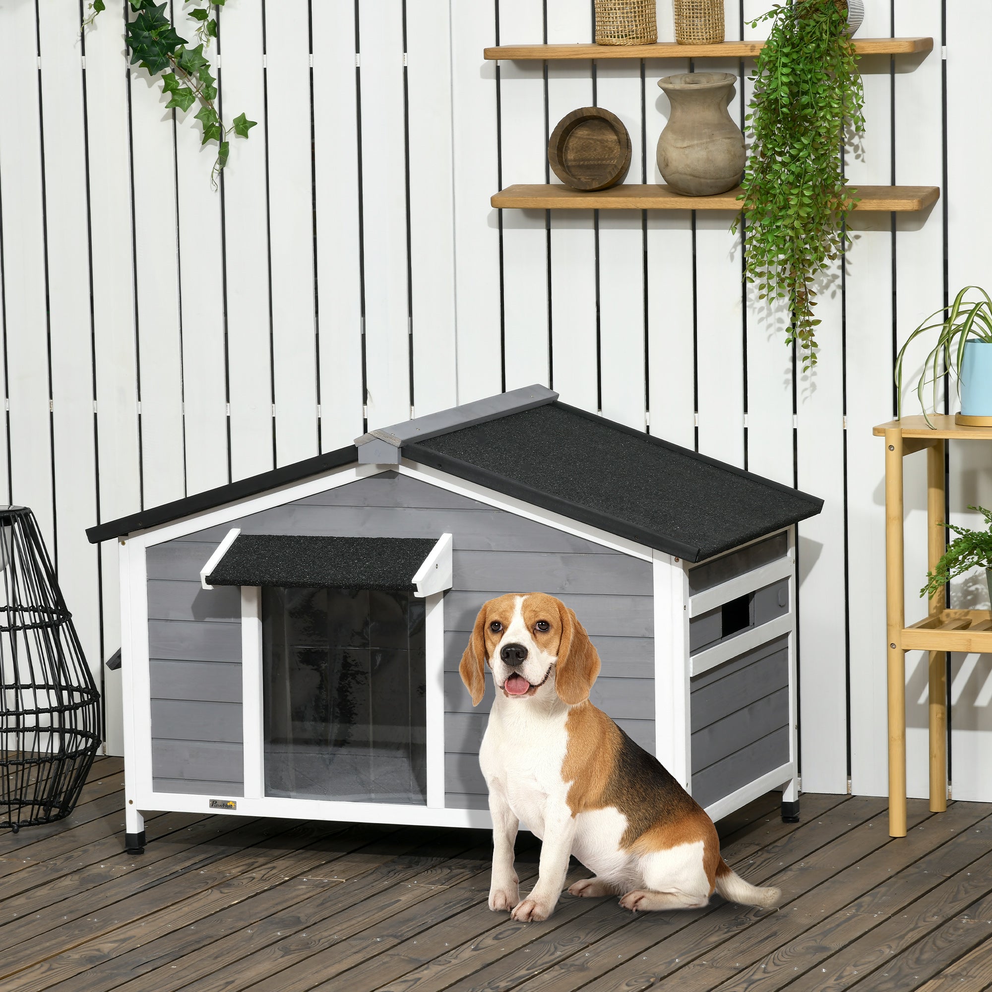 PawHut Large Wooden Dog Kennel for Outside, 72H x 109L x 79Wcm, Grey - North Peak Garden Furniture