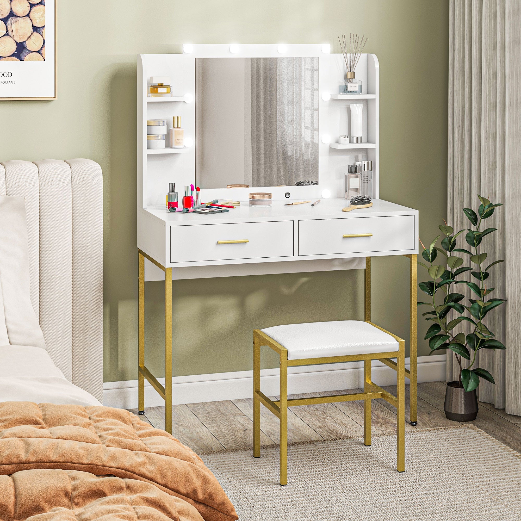 HOMCOM Dressing Table with Lighted Mirror, Cushioned Stool, Drawers, Shelves, LED Makeup Vanity Desk Set, Modern Dresser Vanity Table for Bedroom, White - North Peak Garden Furniture