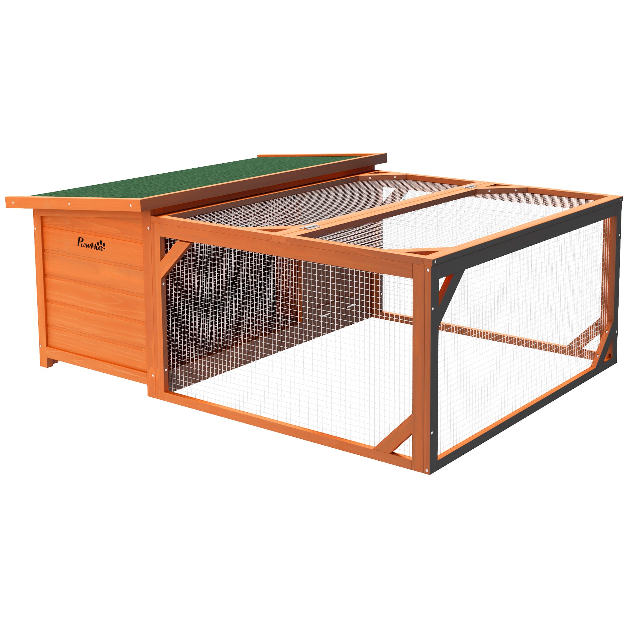 PawHut Rabbit Hutch Outdoor Guinea Pig Hutch with Run Small Animal Off-ground Duck House Hideaway Backyard with Openable Roof 125.5 x 100 x 49cm Orange - North Peak Garden Furniture